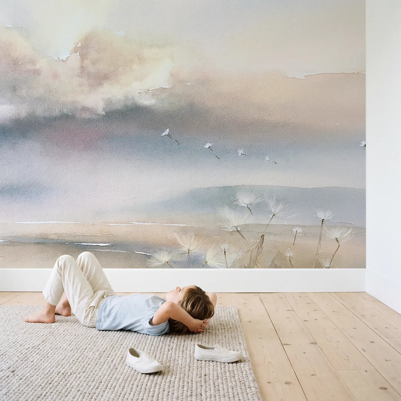 Child in nursery with Morning Great Cloud Wallpaper Mural by Whimsy Tots