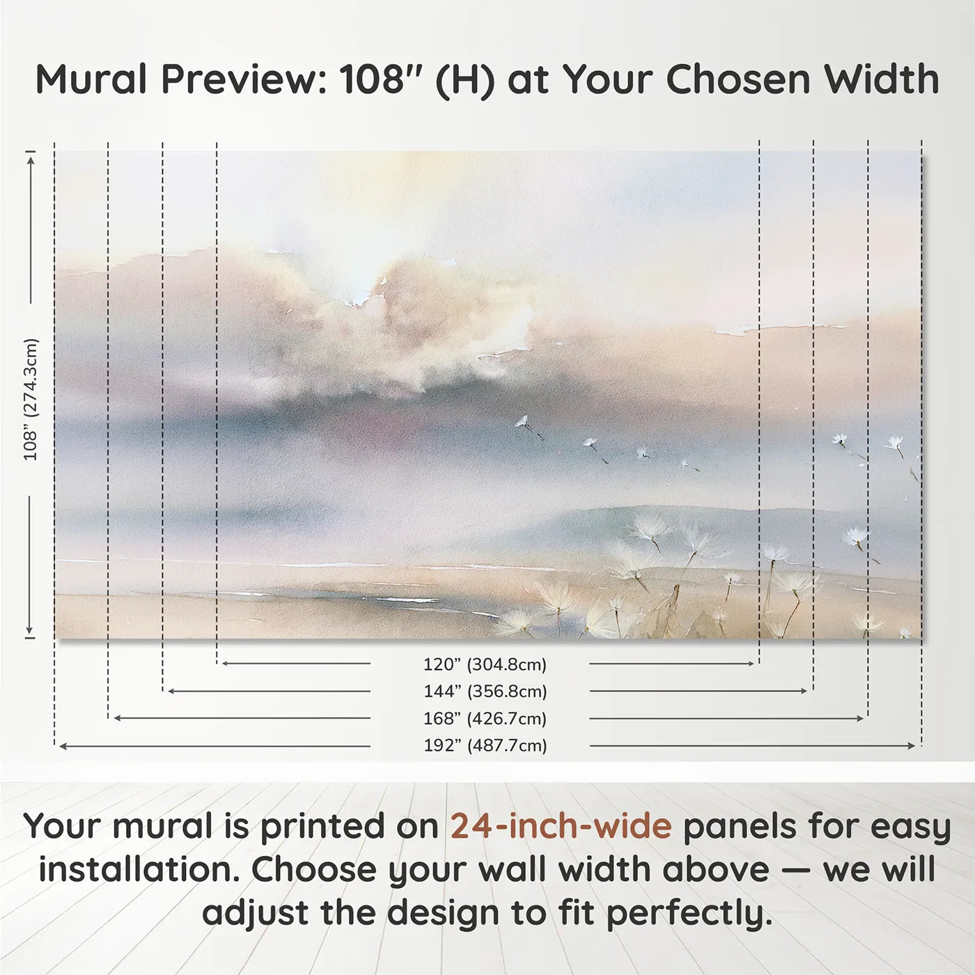 Panel layout and dimensions for Morning Great Cloud Wallpaper Mural by Whimsy Tots