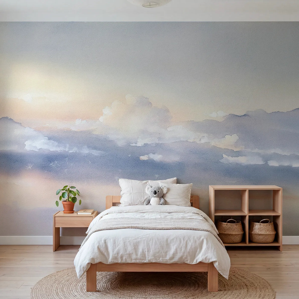 Watercolor wall mural of soft fanned sunbeams by Whimsy Tots
