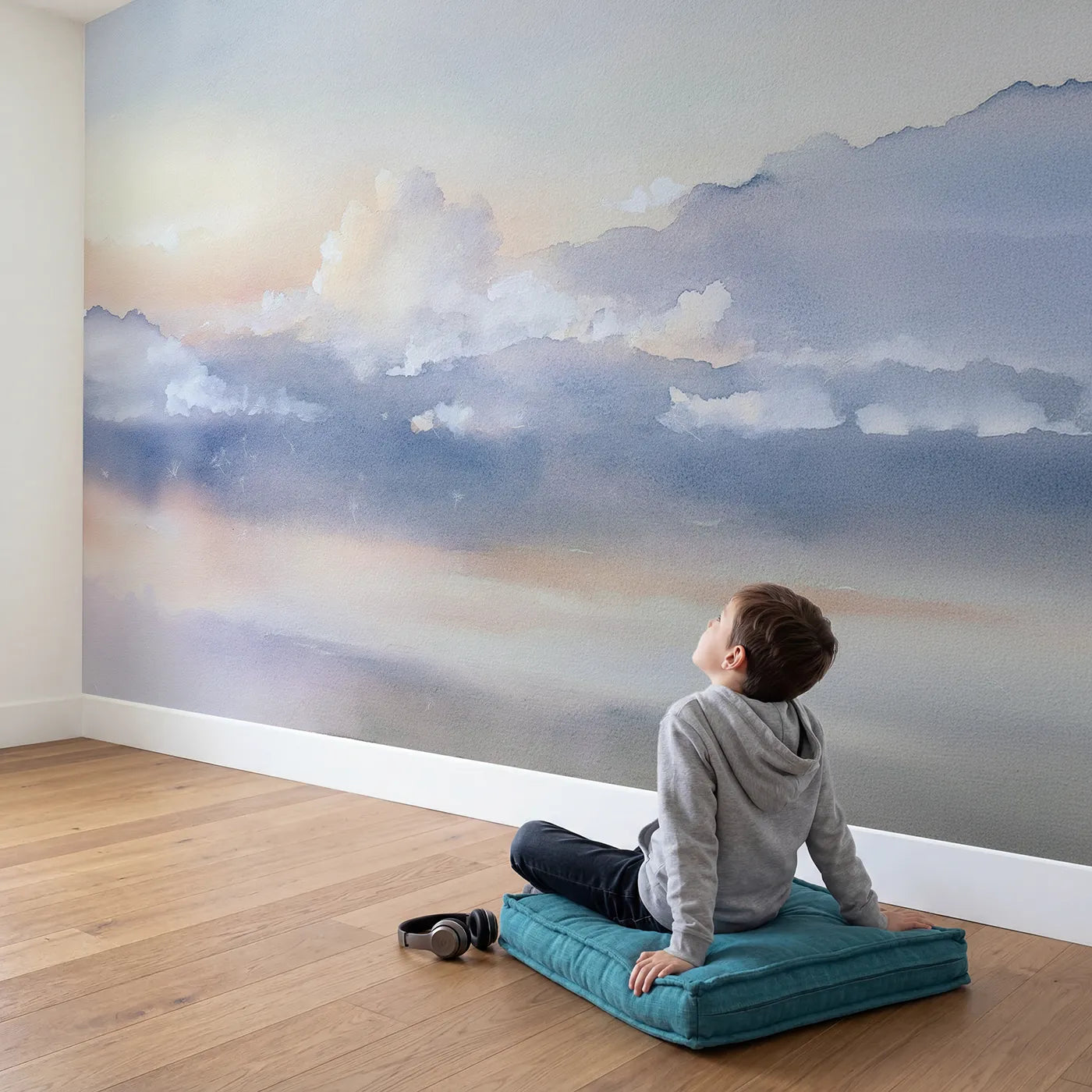 Child in nursery with Dusk Cotton Puffs Wallpaper Mural by Whimsy Tots