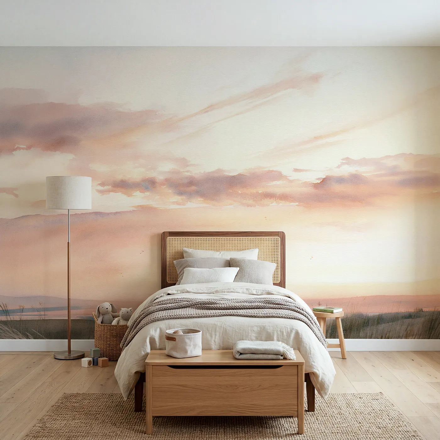 Watercolor wall mural of gently rolling cloud banks by Whimsy Tots