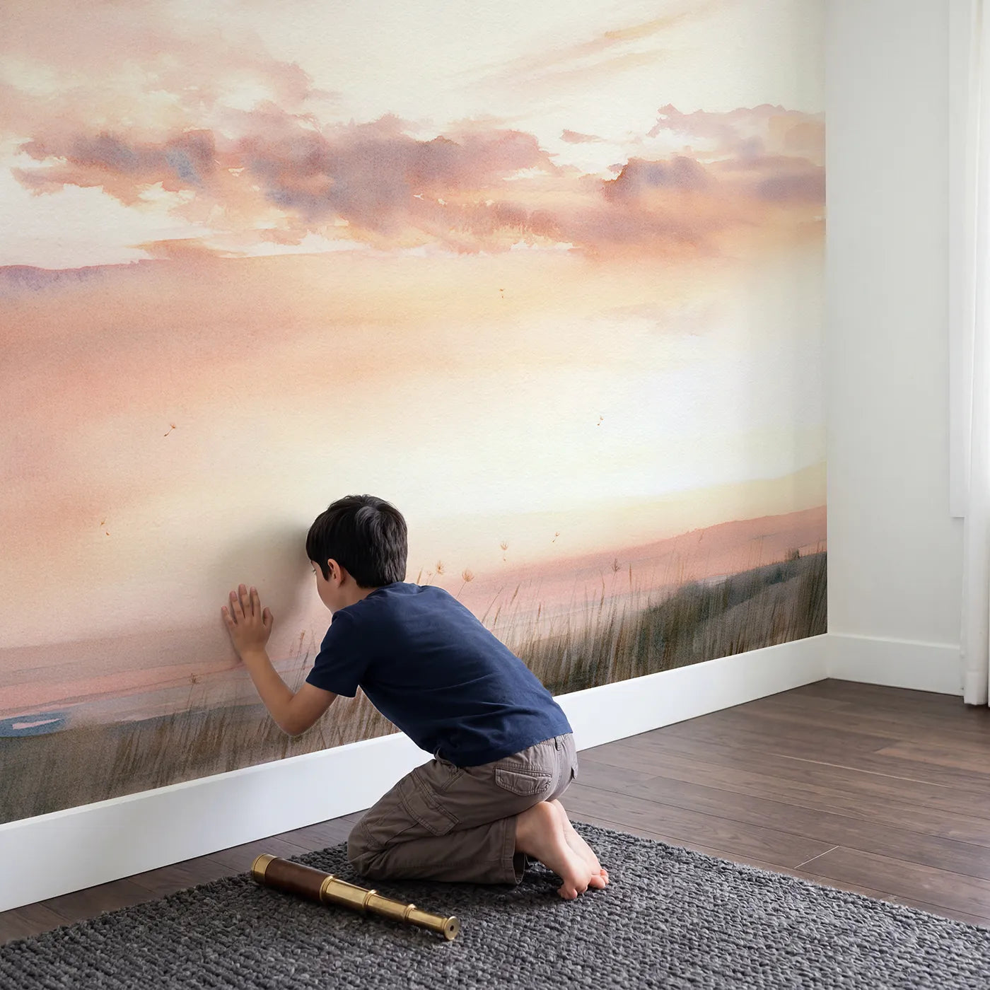 Child in nursery with Dusk Cirrus Wisps Wallpaper Mural by Whimsy Tots