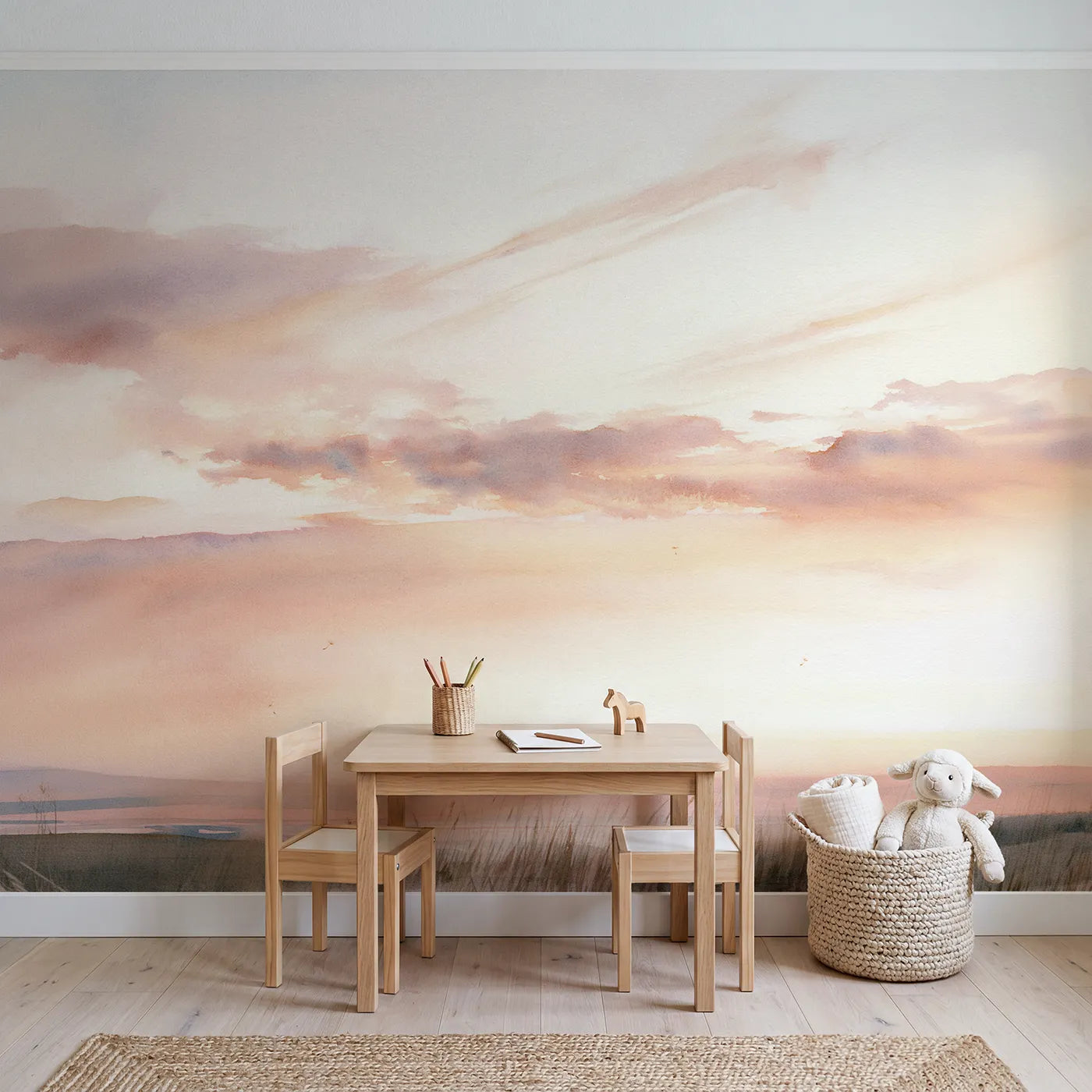 Dusk Cirrus Wisps Wallpaper Mural in playroom setting by Whimsy Tots