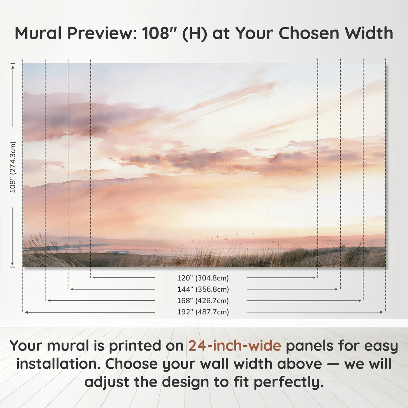Panel layout and dimensions for Dusk Cirrus Wisps Wallpaper Mural by Whimsy Tots
