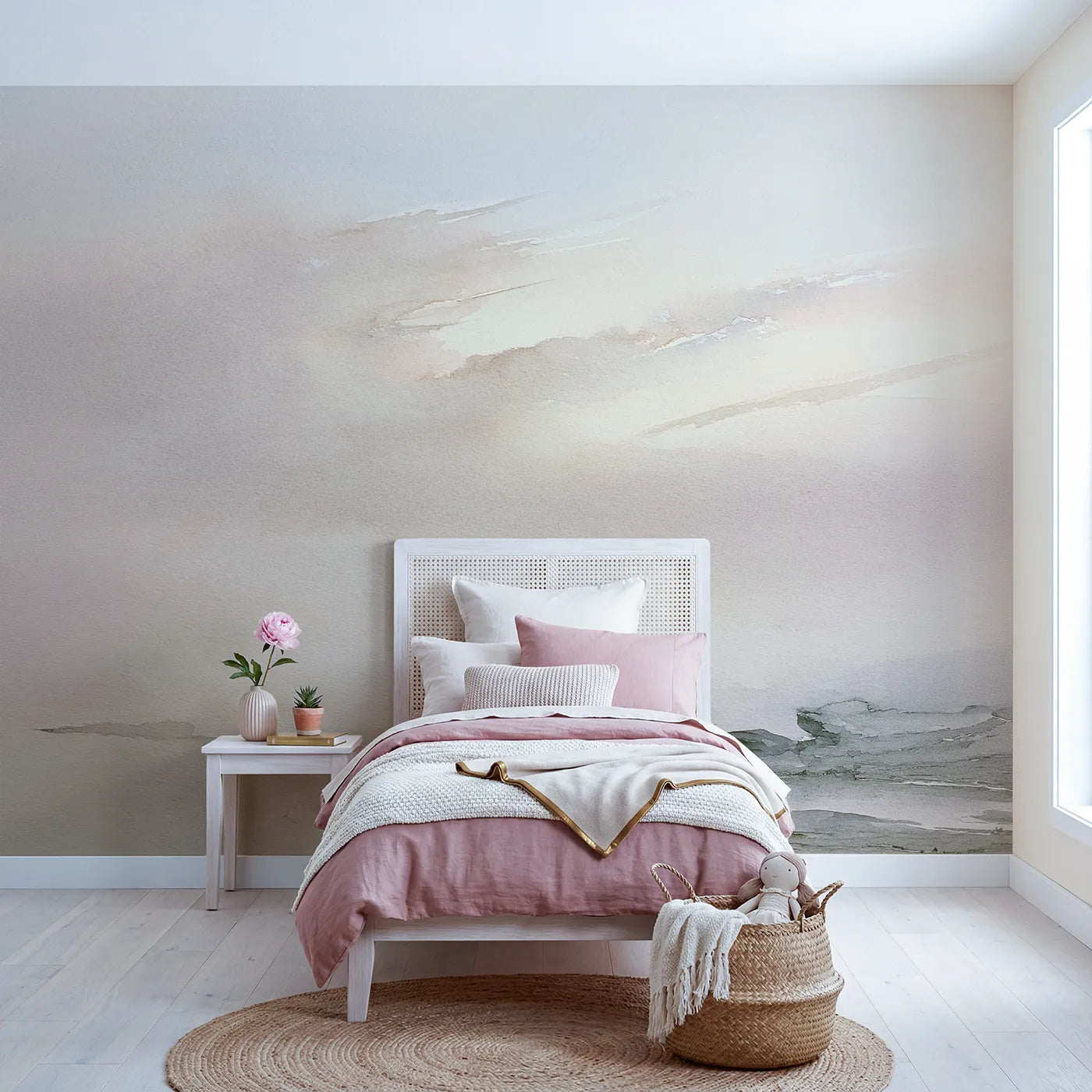 Watercolor wall mural of delicate dawn cirrus wisps by Whimsy Tots