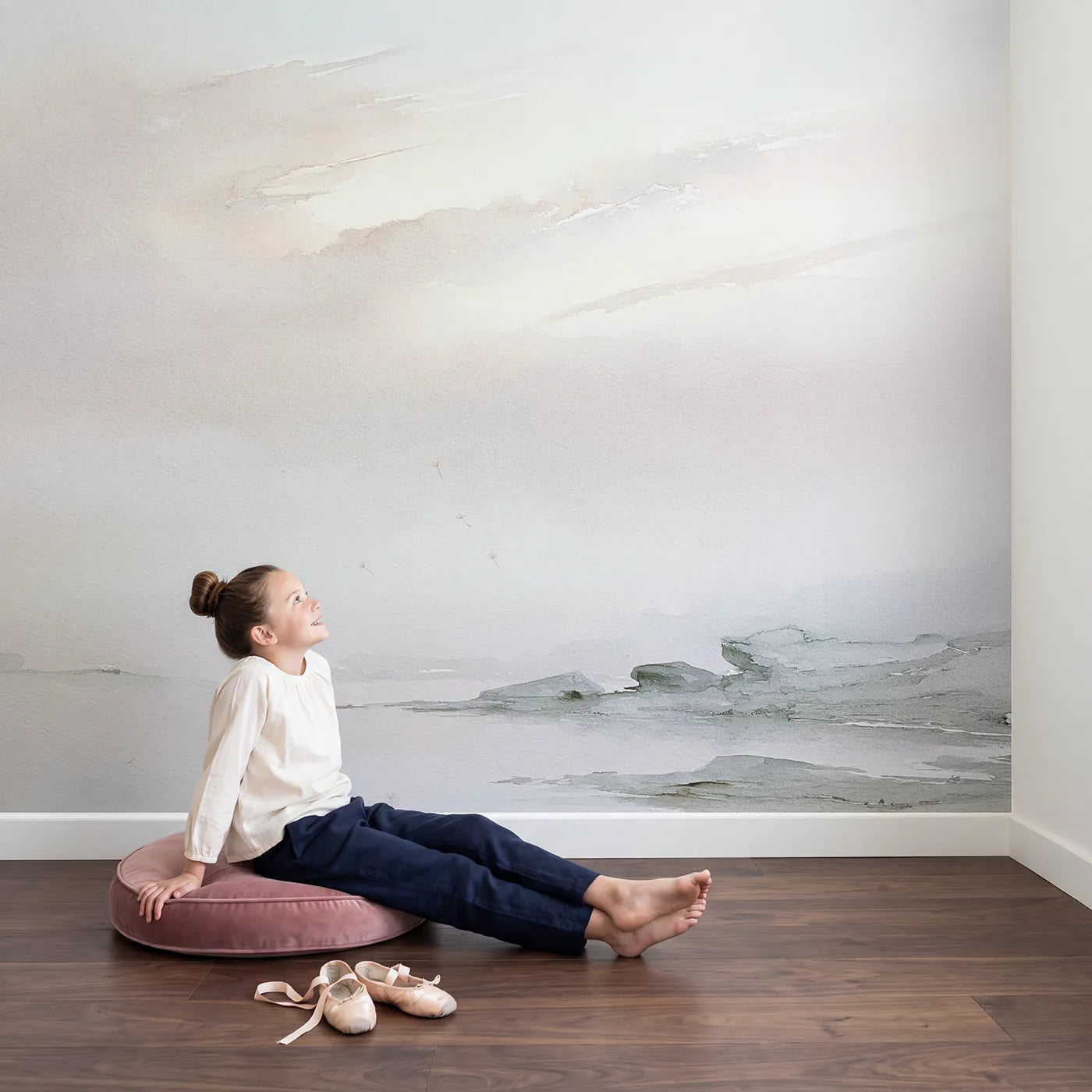 Child in nursery with Dawn Cirrus Wisps Wallpaper Mural by Whimsy Tots