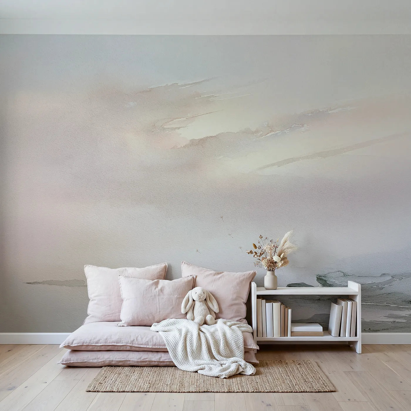 Dawn Cirrus Wisps Wallpaper Mural in playroom setting by Whimsy Tots
