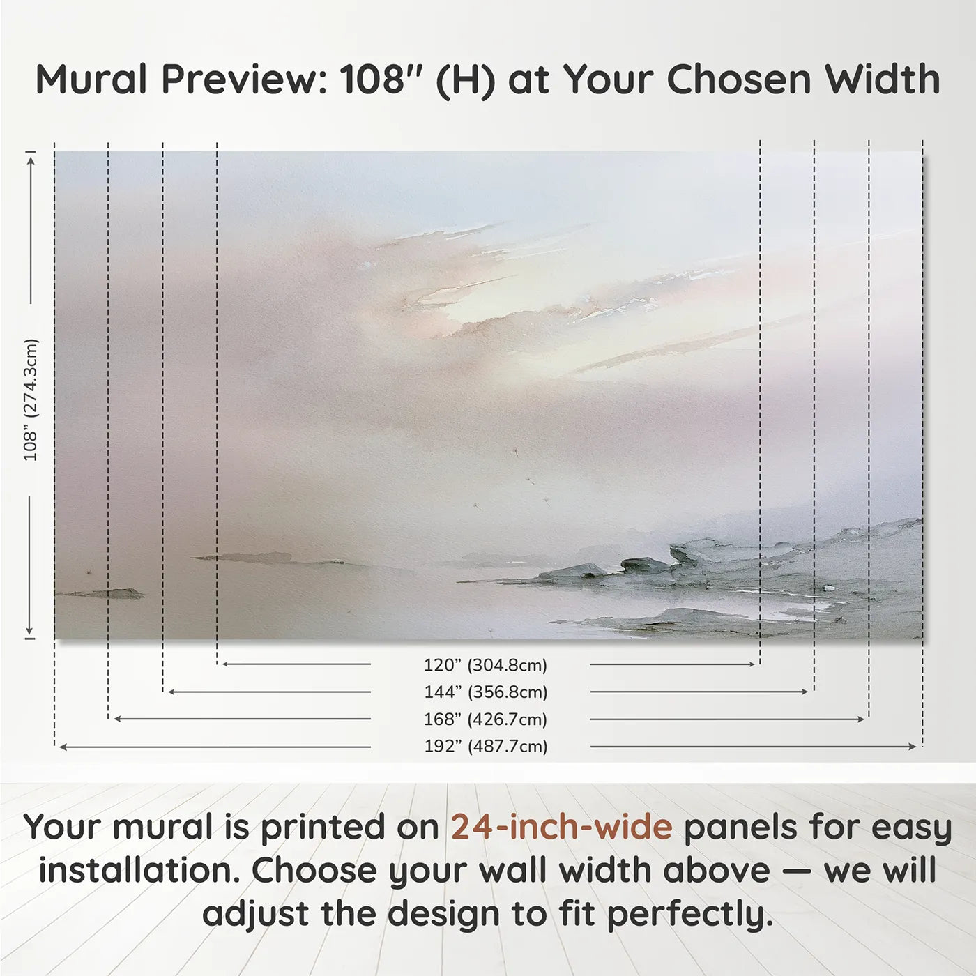 Panel layout and dimensions for Dawn Cirrus Wisps Wallpaper Mural by Whimsy Tots