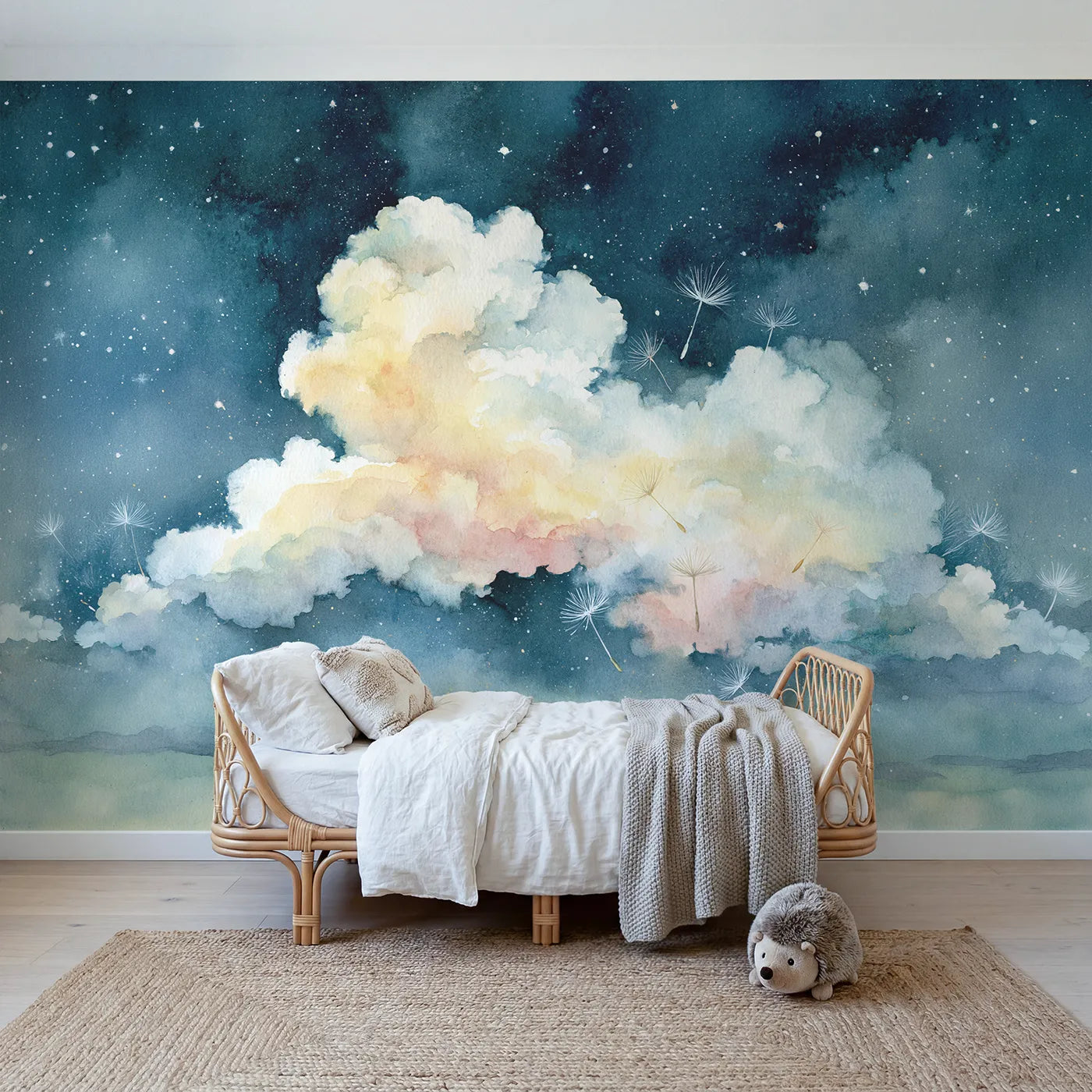 Watercolor wall mural of a single great cumulus by Whimsy Tots