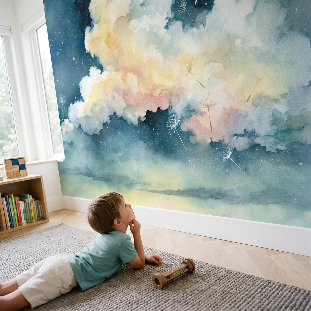 Child in nursery with Starlit Great Cloud Sky Wallpaper Mural by Whimsy Tots
