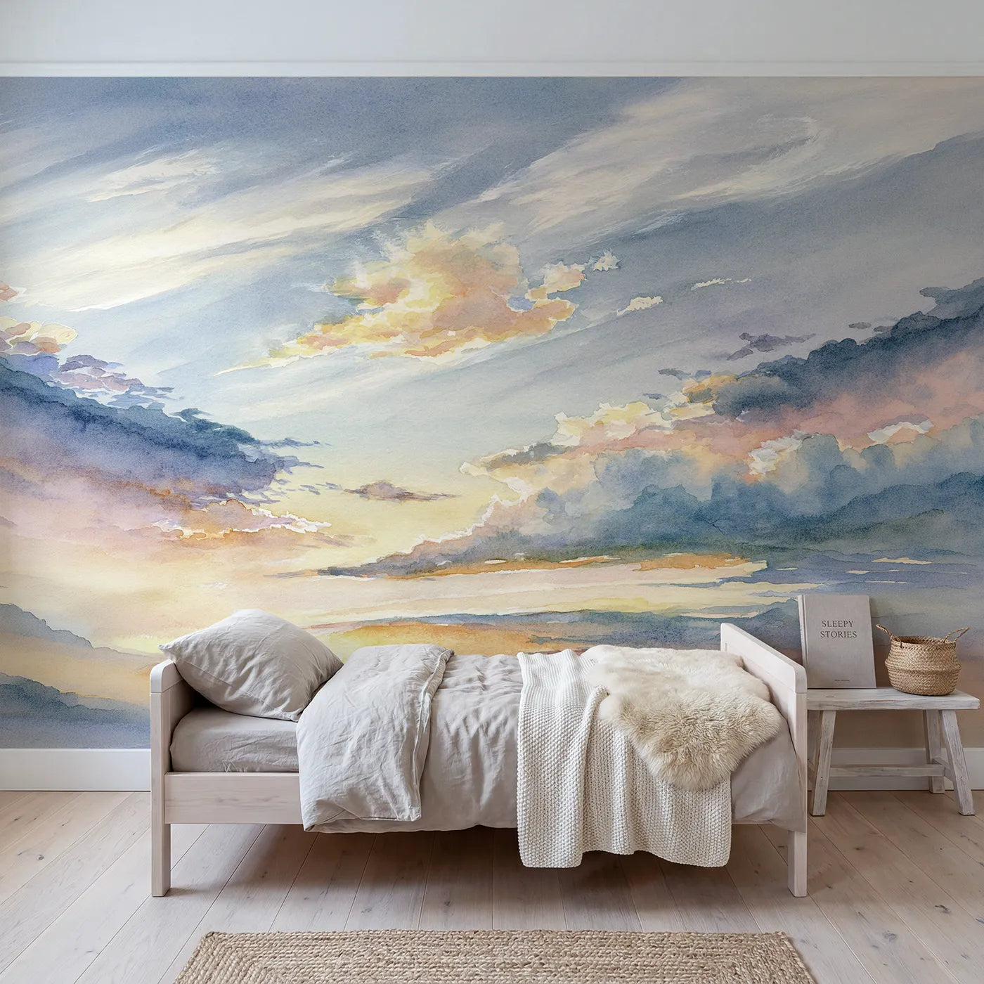 Watercolor wall mural of three soft clouds in a row by Whimsy Tots