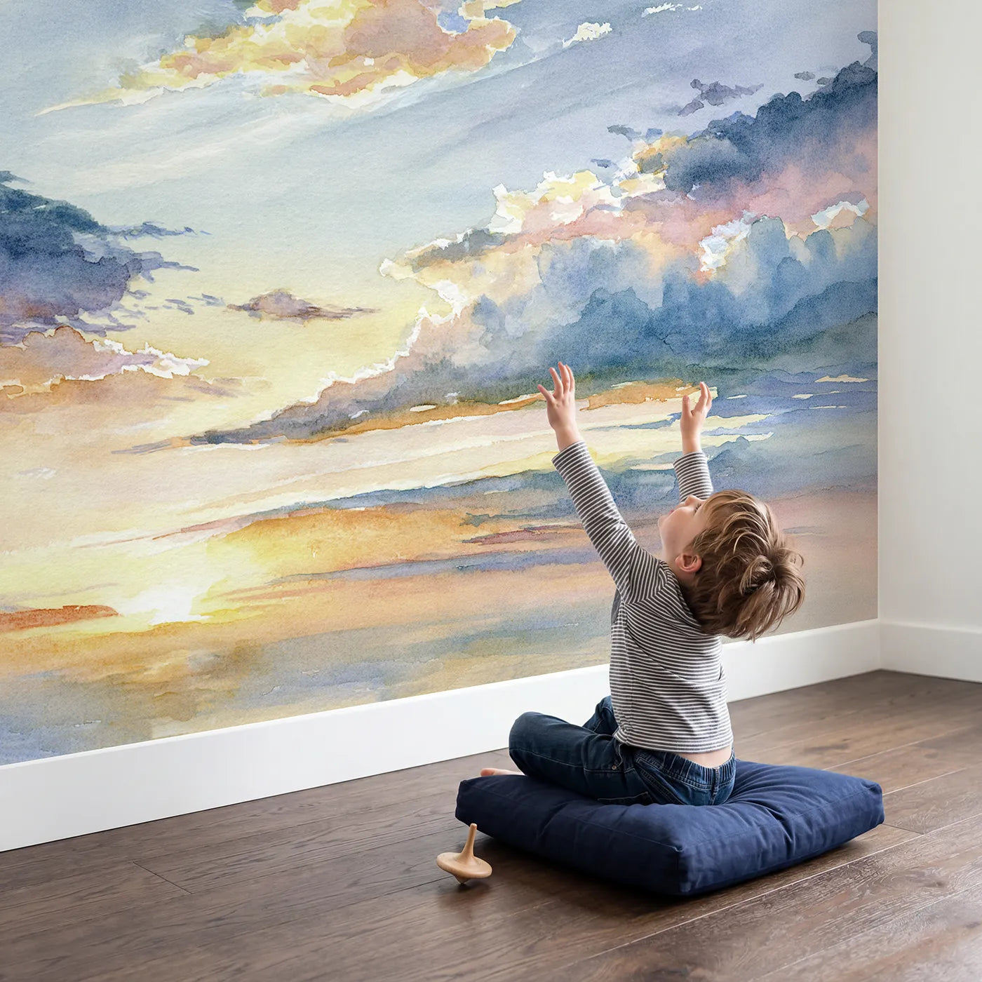 Child in nursery with Sky Dusk Cirrus Wisps Wallpaper Mural by Whimsy Tots
