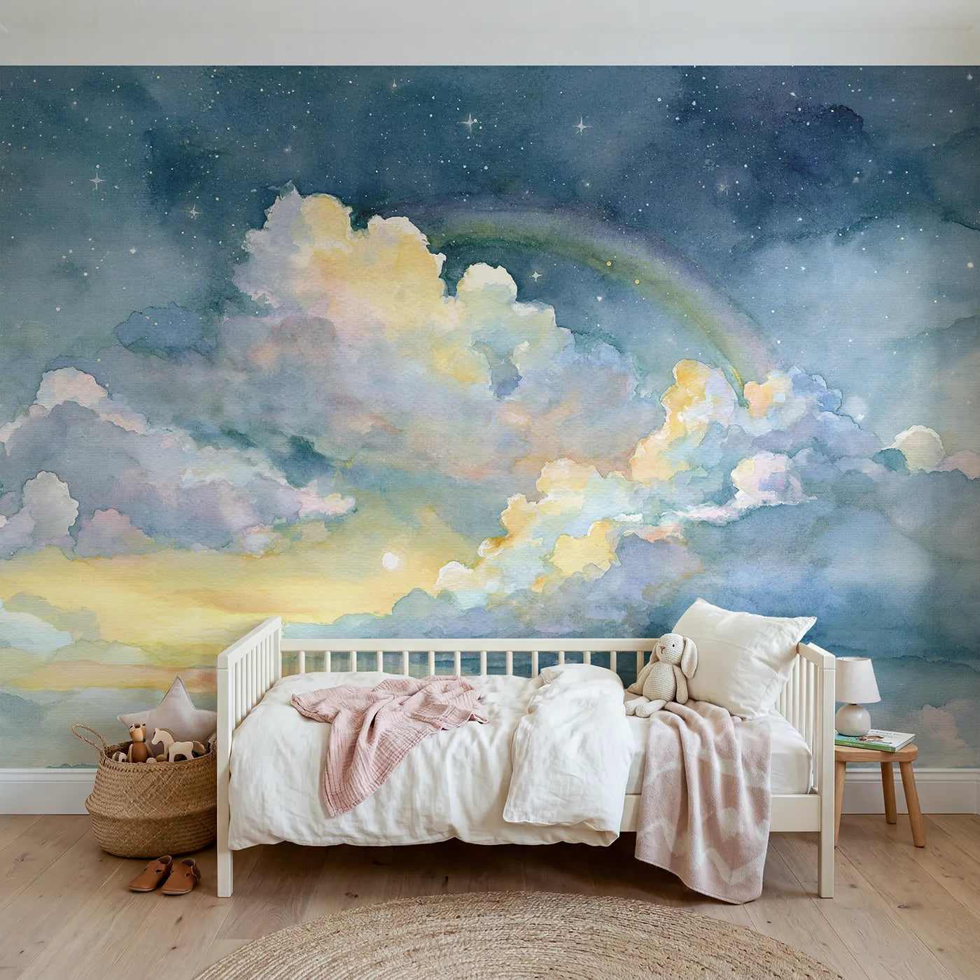 Watercolor wall mural of soft sunset bands by Whimsy Tots