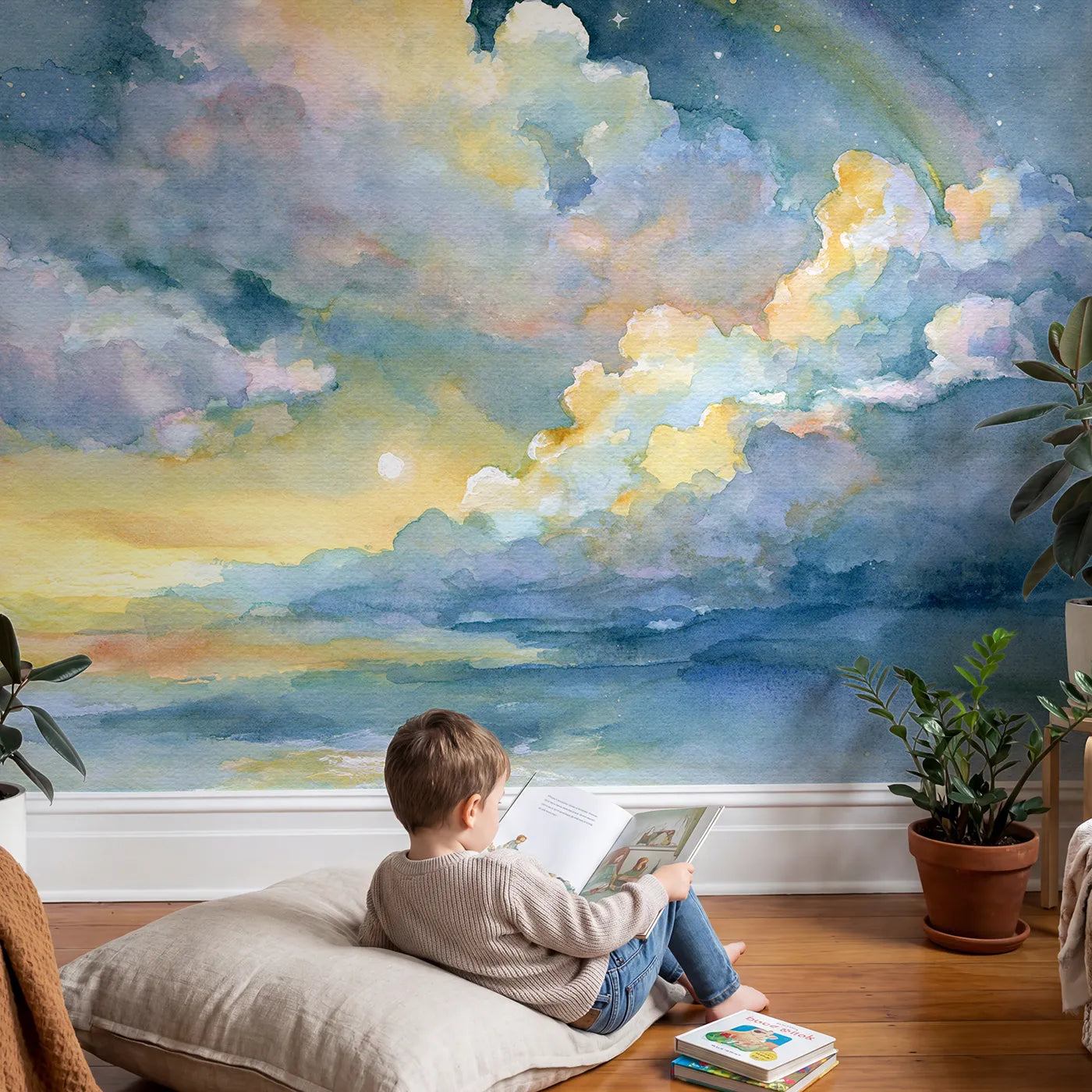 Child in nursery with Starlit Rainbow Shower Wallpaper Mural by Whimsy Tots