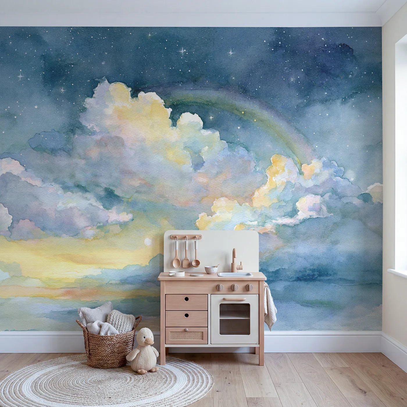 Starlit Rainbow Shower Wallpaper Mural in playroom setting by Whimsy Tots