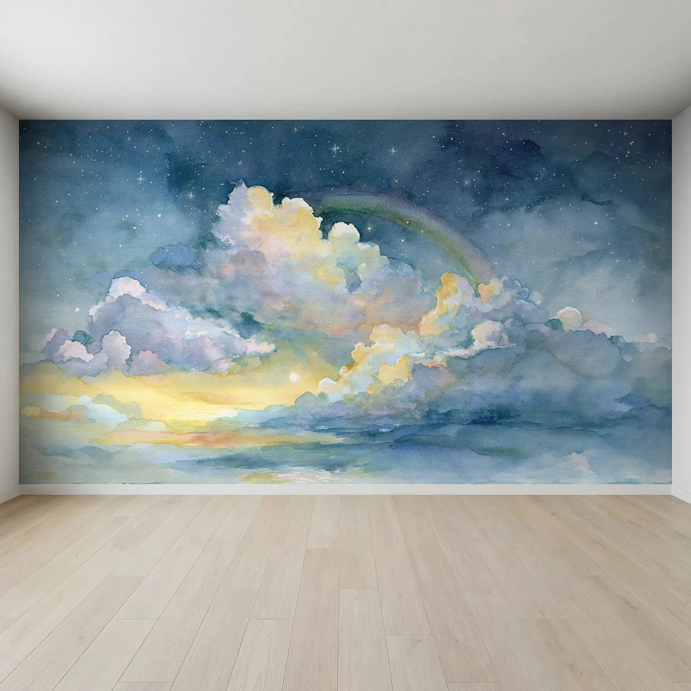 Full view of Starlit Rainbow Shower Wallpaper Mural by Whimsy Tots
