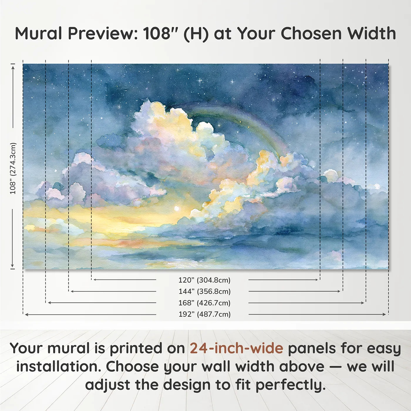 Panel layout and dimensions for Starlit Rainbow Shower Wallpaper Mural by Whimsy Tots