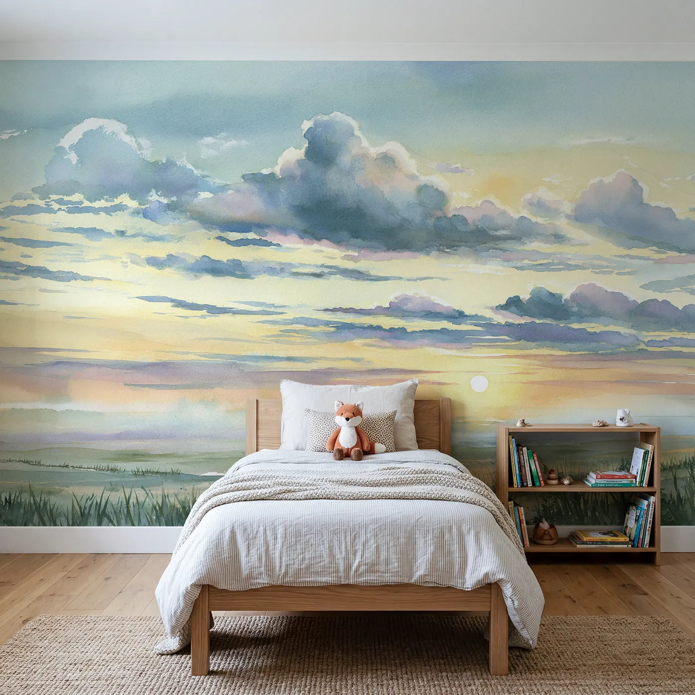 Watercolor wall mural of layered morning clouds by Whimsy Tots