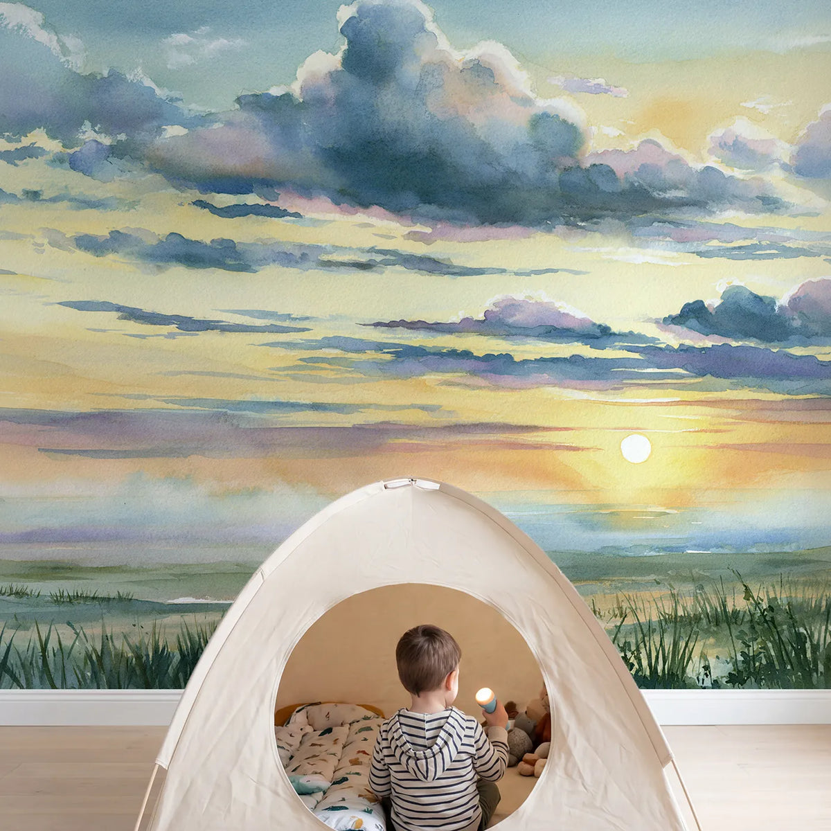 Child in nursery with Morning Cloud Bands Wallpaper Mural by Whimsy Tots