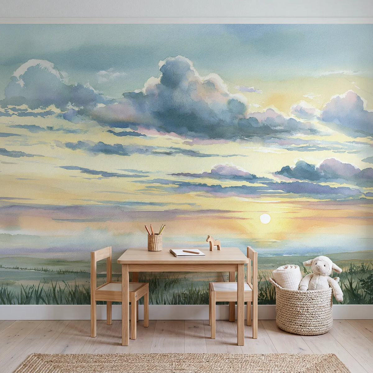 Morning Cloud Bands Wallpaper Mural in playroom setting by Whimsy Tots