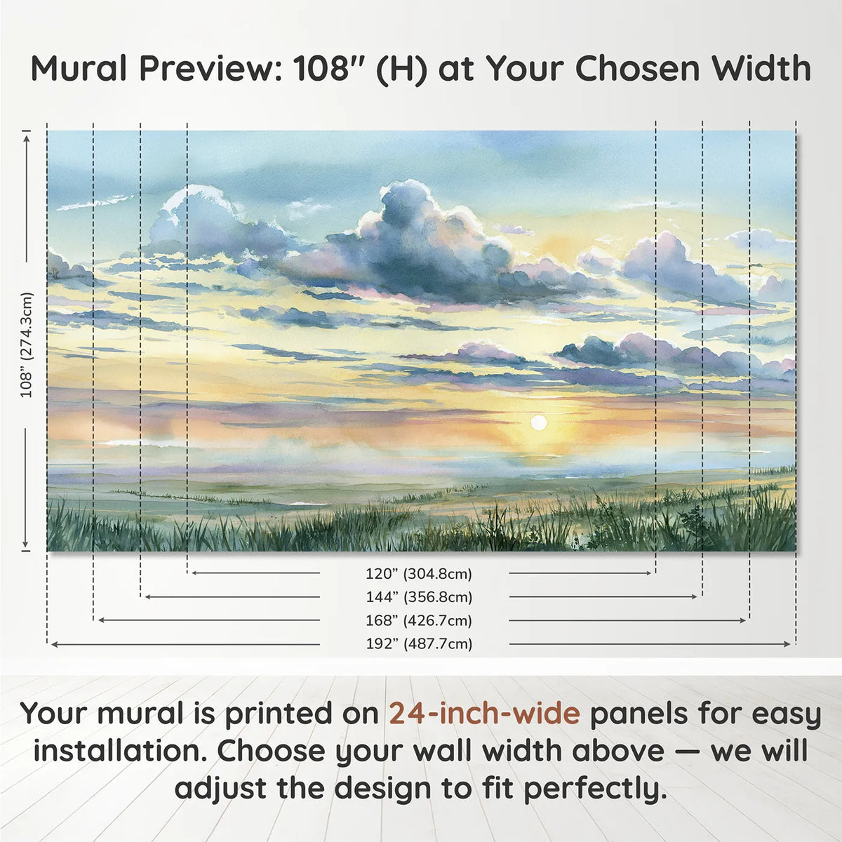 Panel layout and dimensions for Morning Cloud Bands Wallpaper Mural by Whimsy Tots