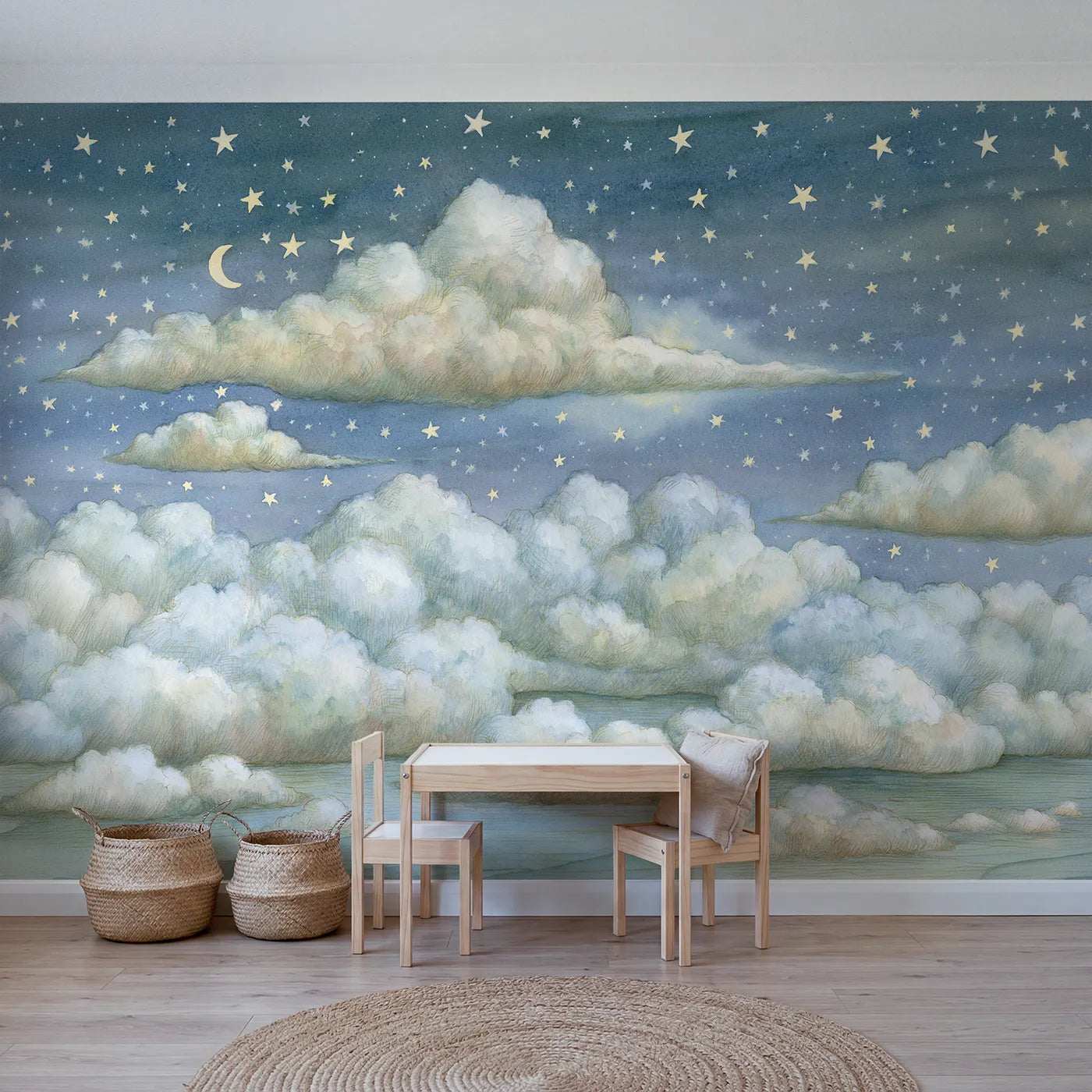 Storybook wall mural of a friendly smiling cloud by Whimsy Tots