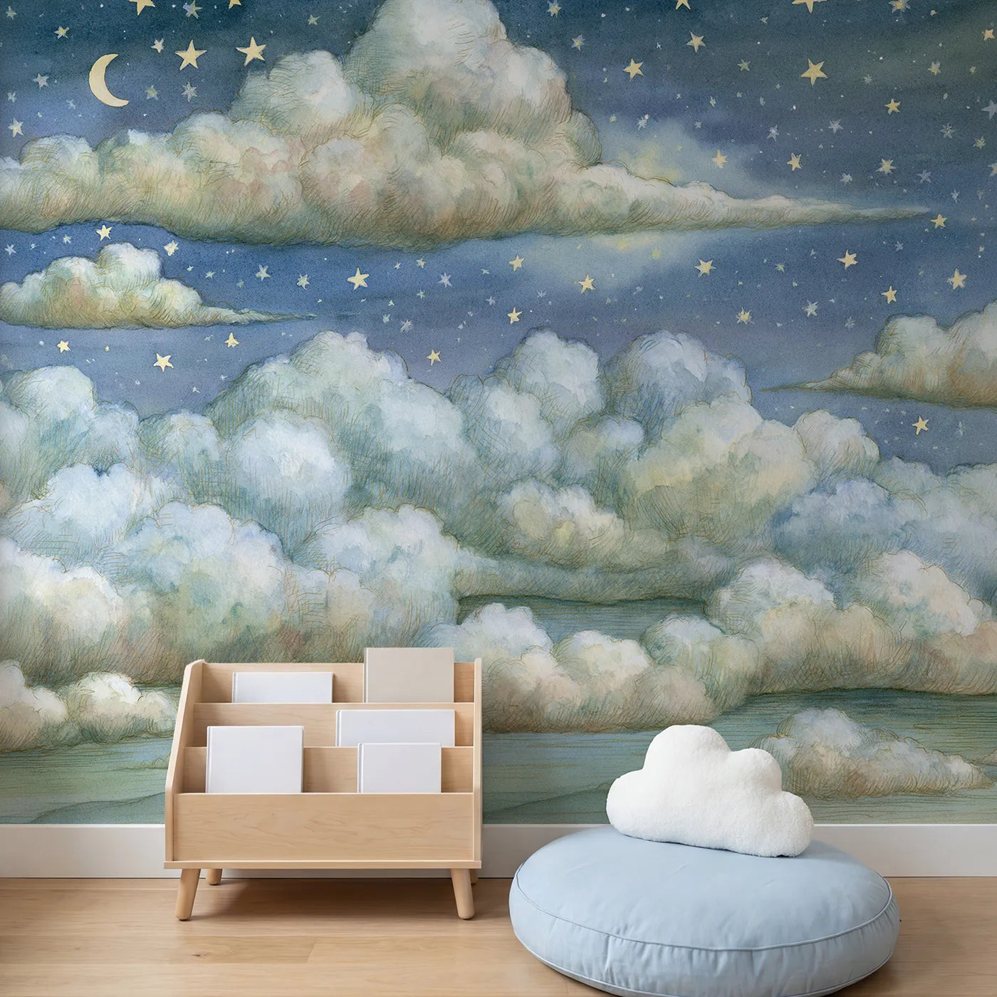 Child in nursery with Starlit Cloud Bands Wallpaper Mural by Whimsy Tots