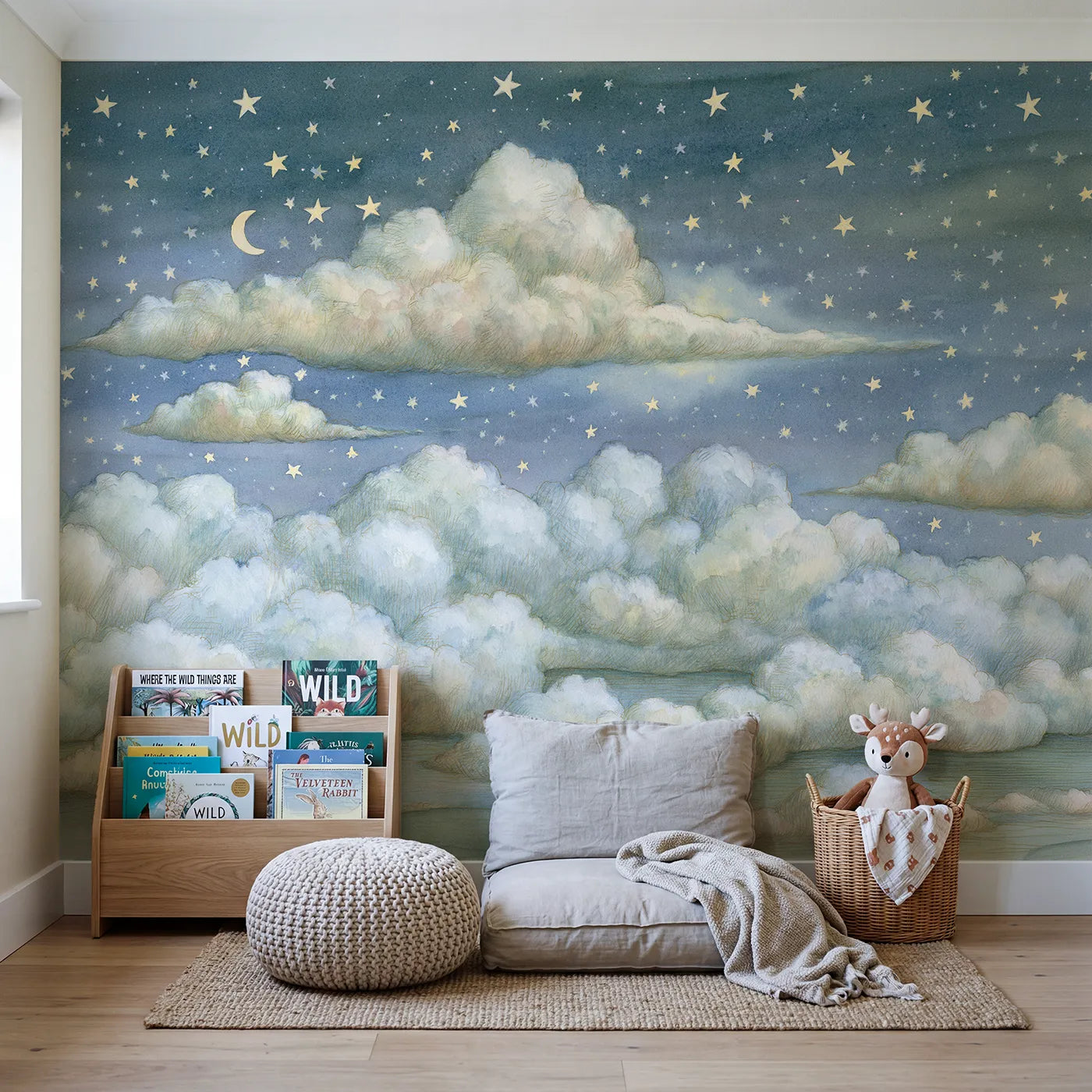 Starlit Cloud Bands Wallpaper Mural in playroom setting by Whimsy Tots