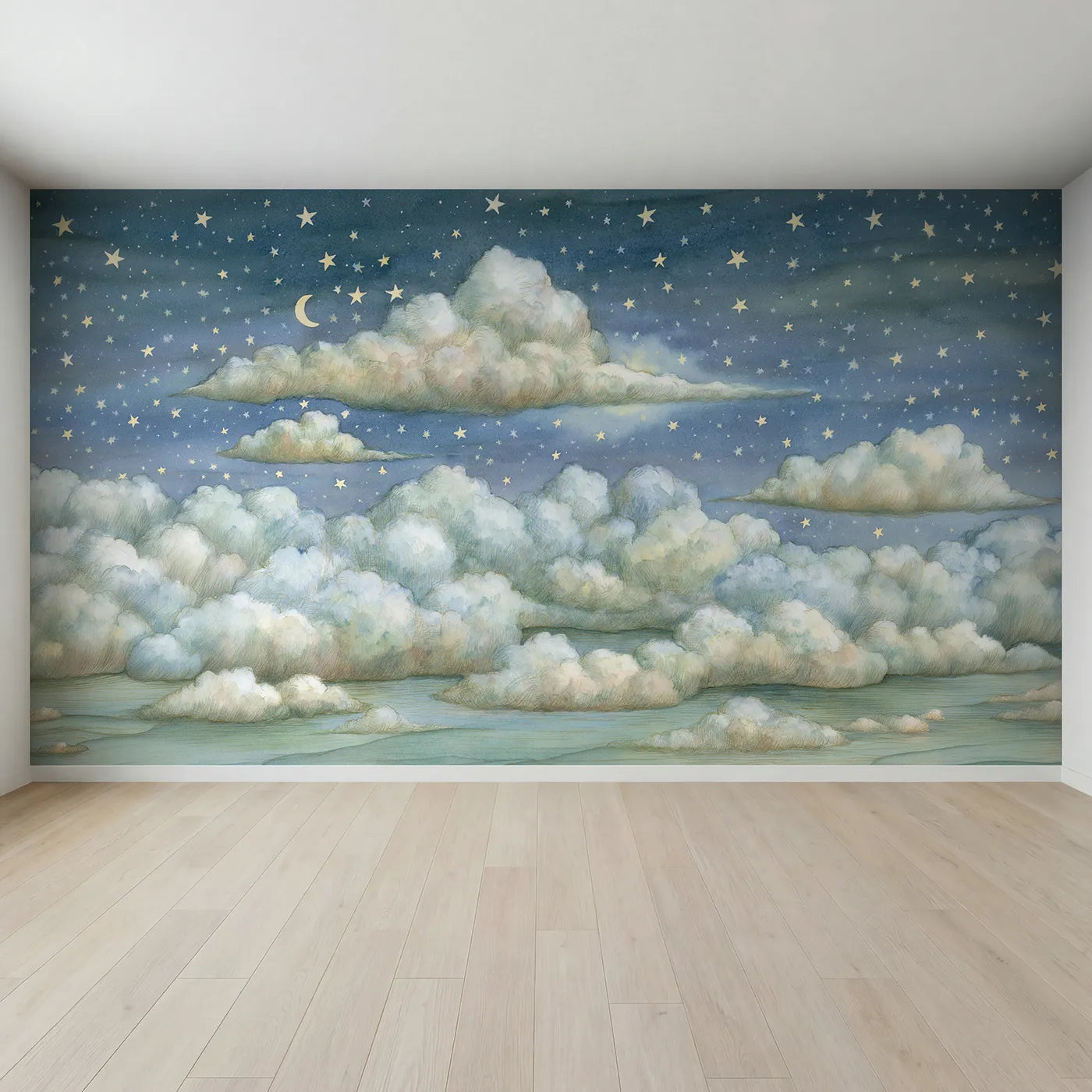 Full view of Starlit Cloud Bands Wallpaper Mural by Whimsy Tots