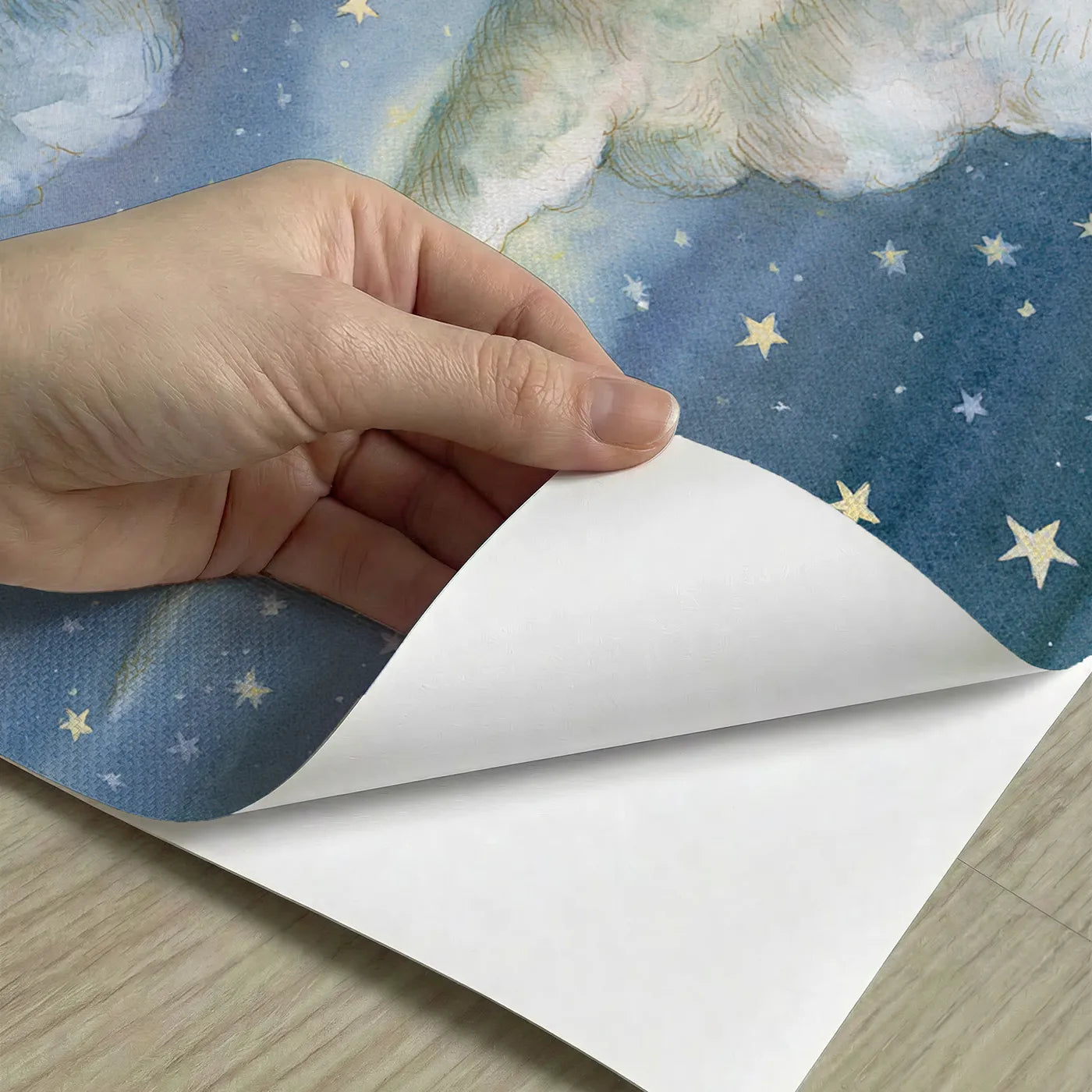 Peel-and-stick detail of Starlit Cloud Bands Wallpaper Mural by Whimsy Tots