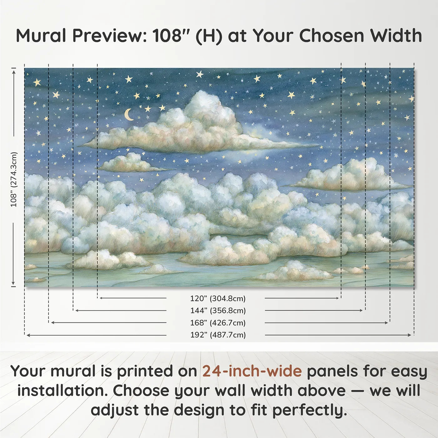 Panel layout and dimensions for Starlit Cloud Bands Wallpaper Mural by Whimsy Tots