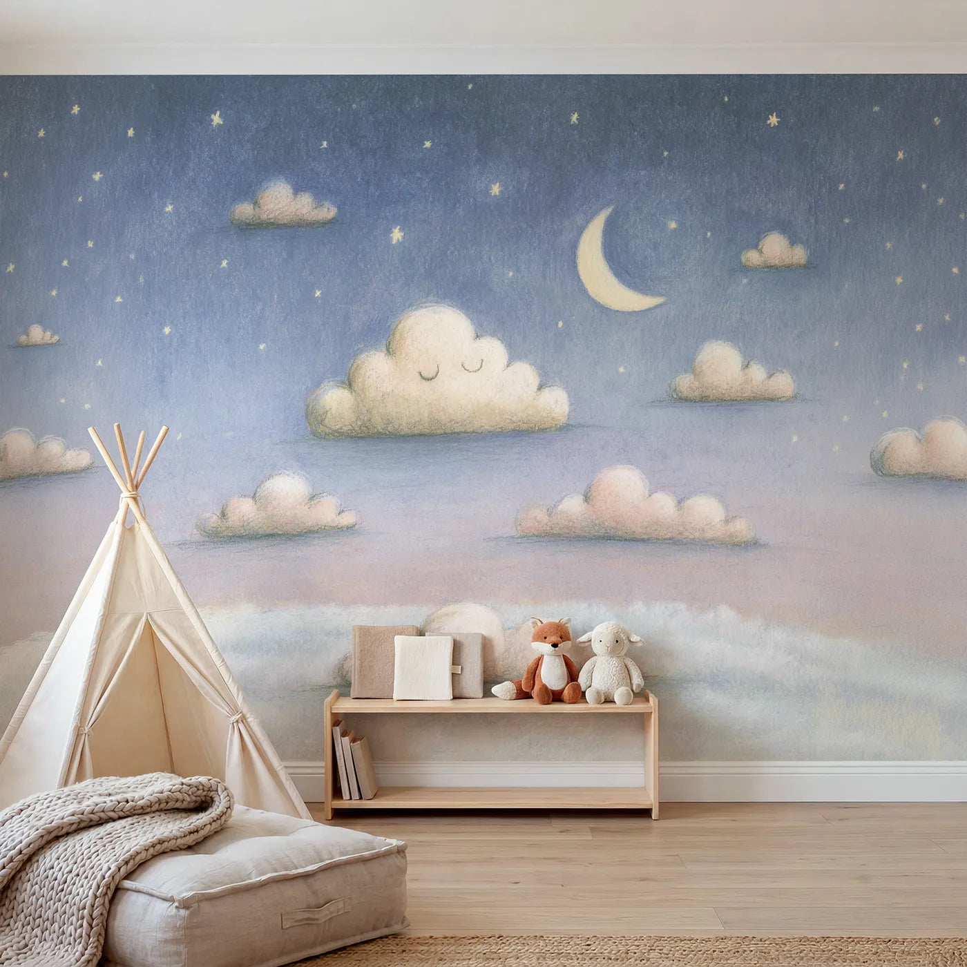 Colored-pencil wall mural of soft chalk cotton puffs by Whimsy Tots