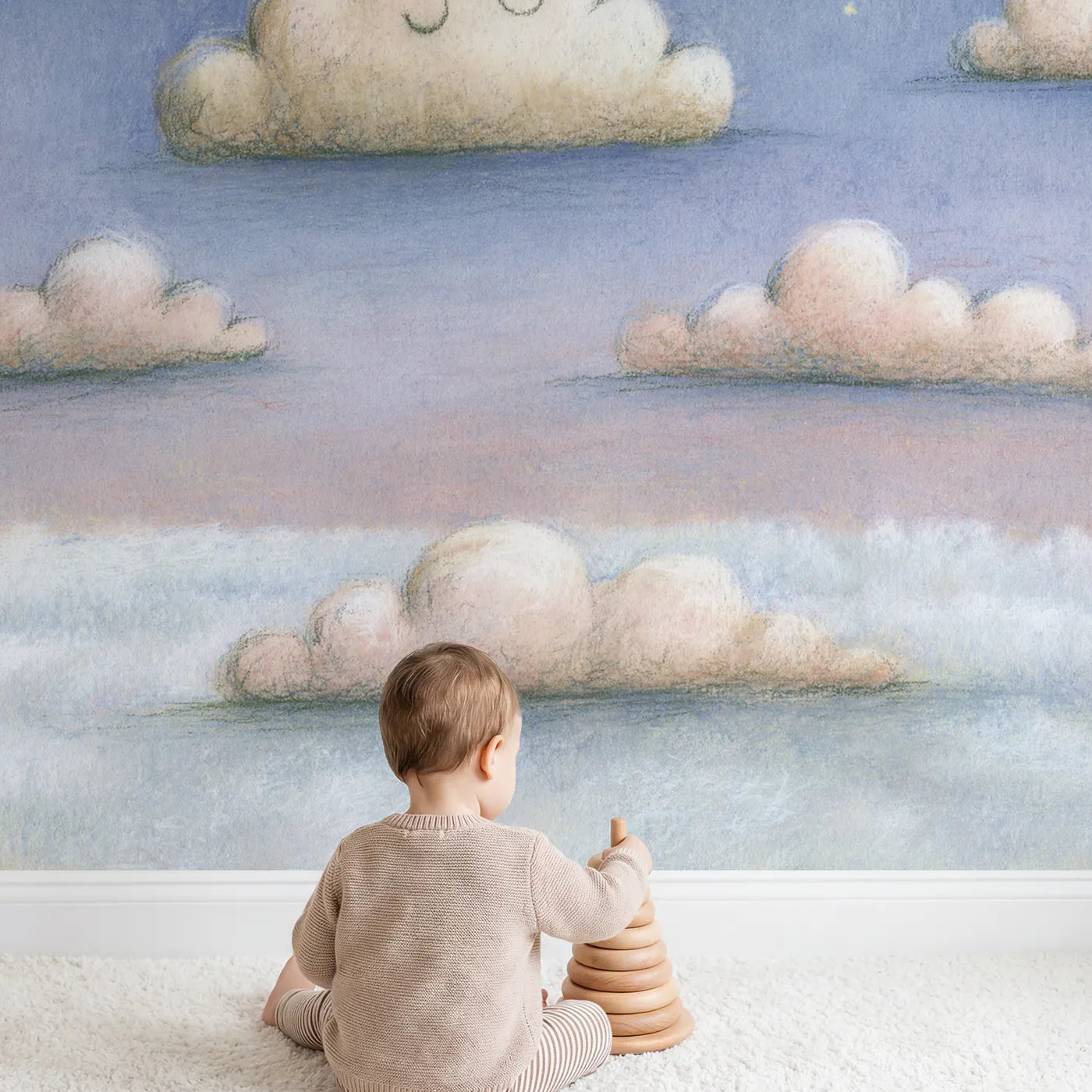 Child in nursery with Pencil Starlit Cotton Puffs Wallpaper Mural by Whimsy Tots