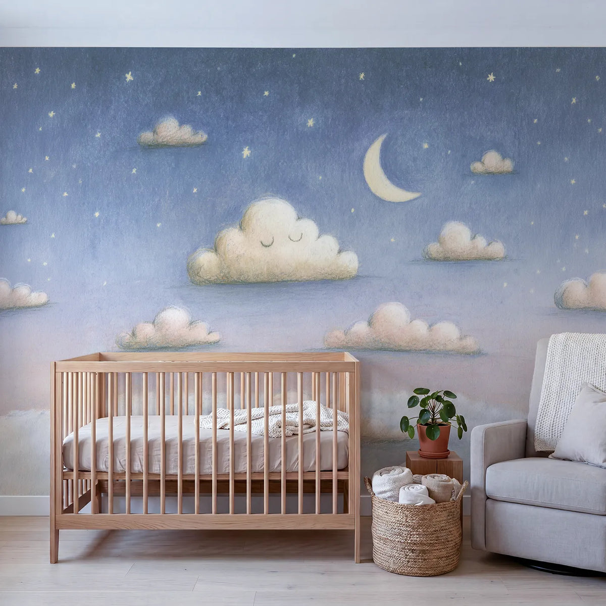 Pencil Starlit Cotton Puffs Wallpaper Mural in playroom setting by Whimsy Tots