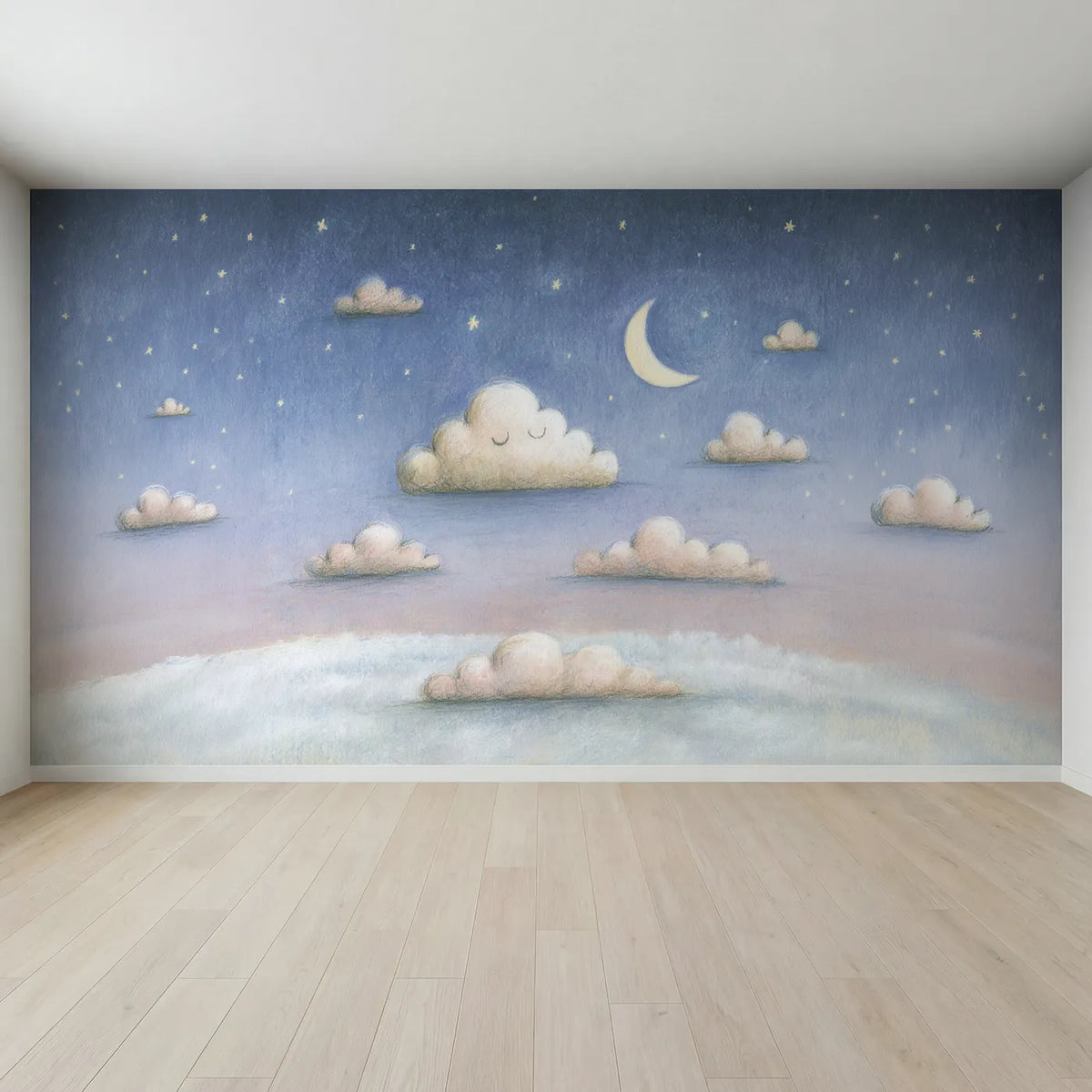 Full view of Pencil Starlit Cotton Puffs Wallpaper Mural by Whimsy Tots
