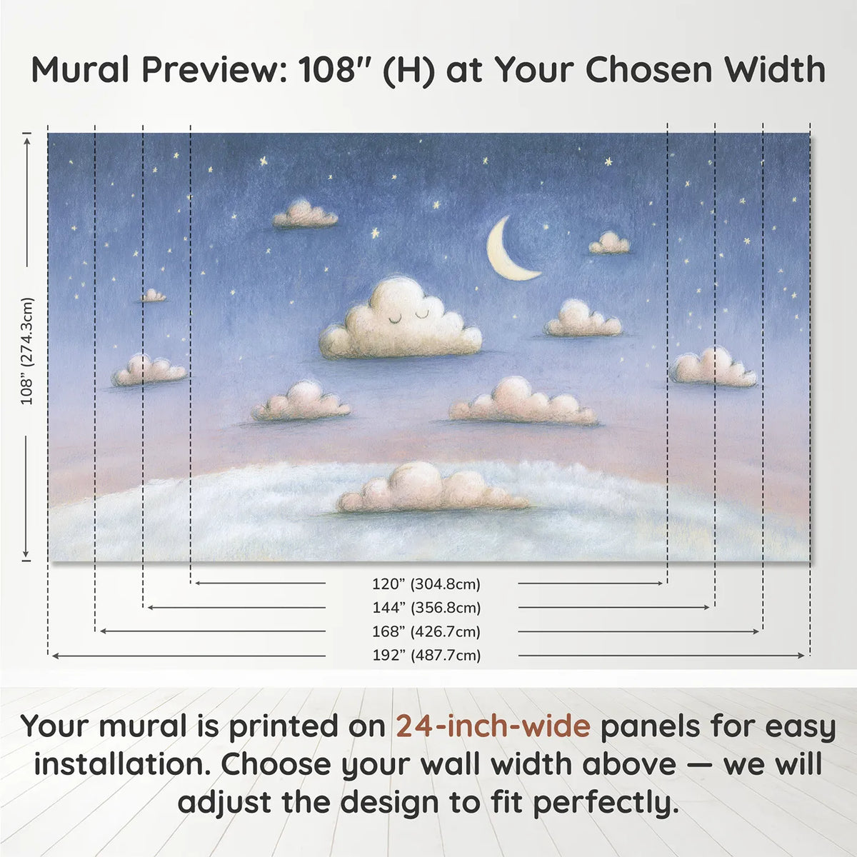 Panel layout and dimensions for Pencil Starlit Cotton Puffs Wallpaper Mural by Whimsy Tots