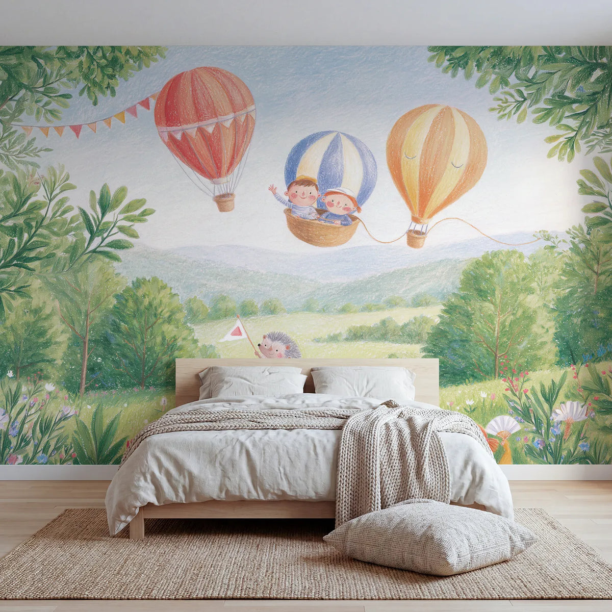 Colored Pencil balloons lifting off at a race start, mural for a playroom by Whimsy Tots