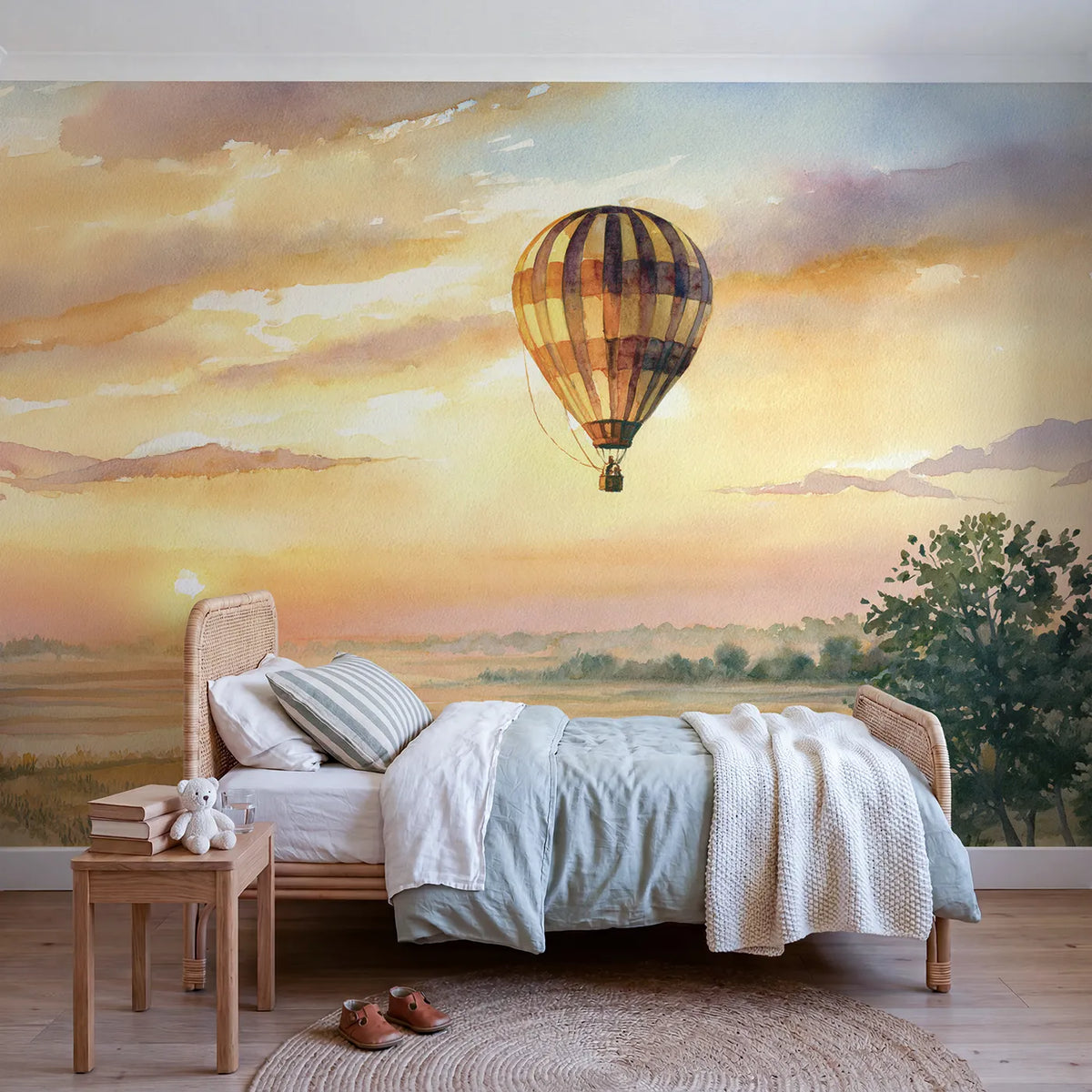 Watercolor wall mural of a golden hour balloon float by Whimsy Tots