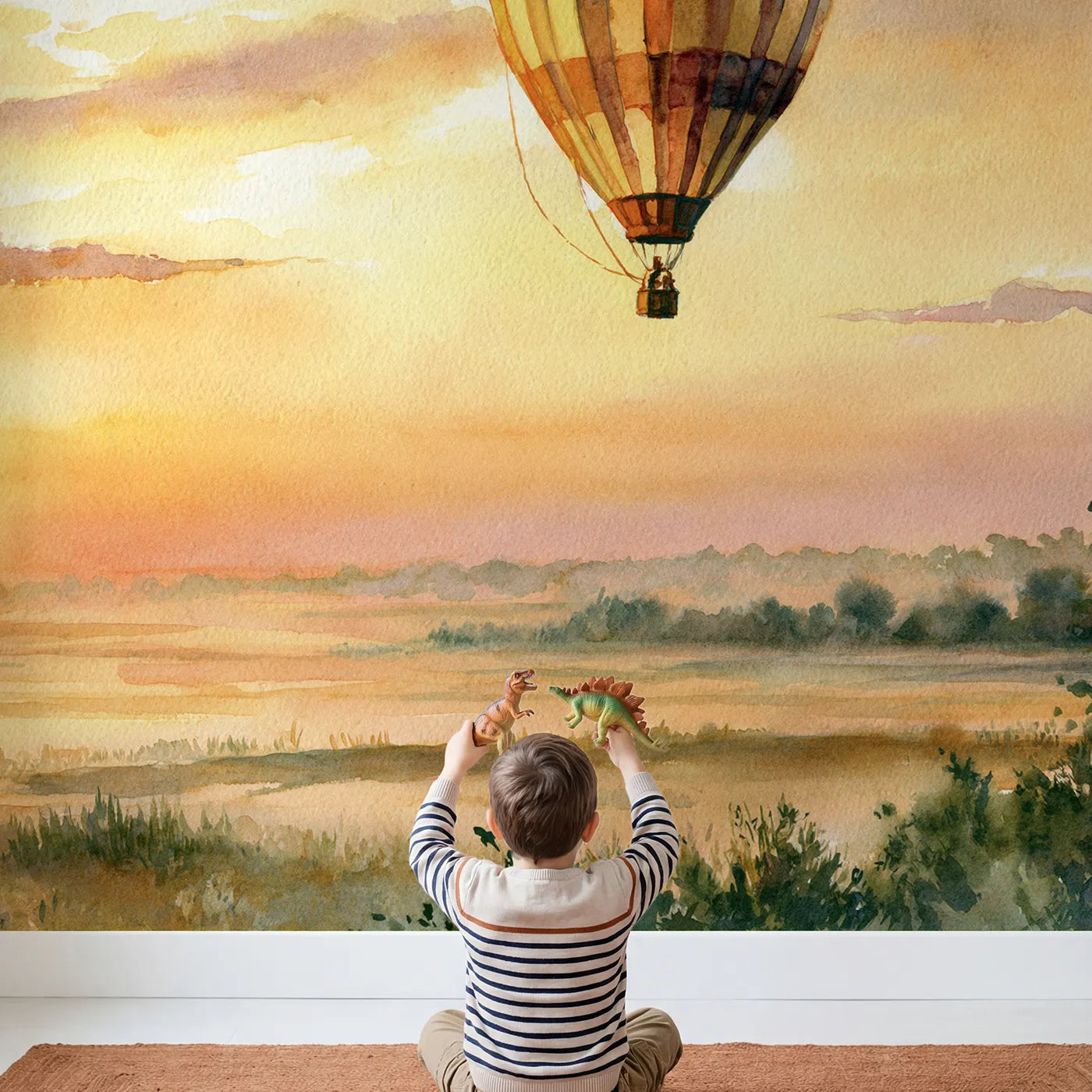 Child in nursery with Sunset Balloon Float Wallpaper Mural by Whimsy Tots