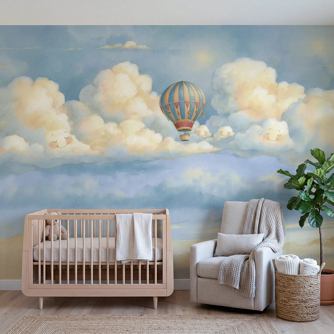 Storybook wall mural of a balloon and cloud friends by Whimsy Tots