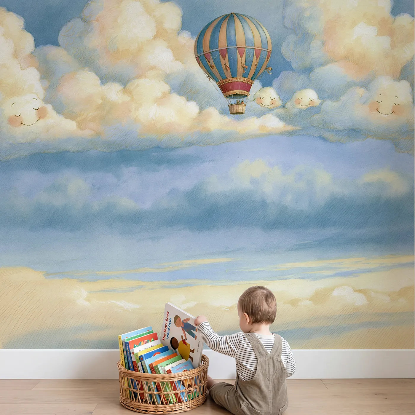 Child in nursery with Balloon and Friends Wallpaper Mural by Whimsy Tots