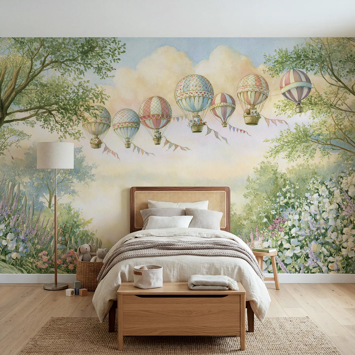 Storybook wall mural of a balloon picnic outing by Whimsy Tots
