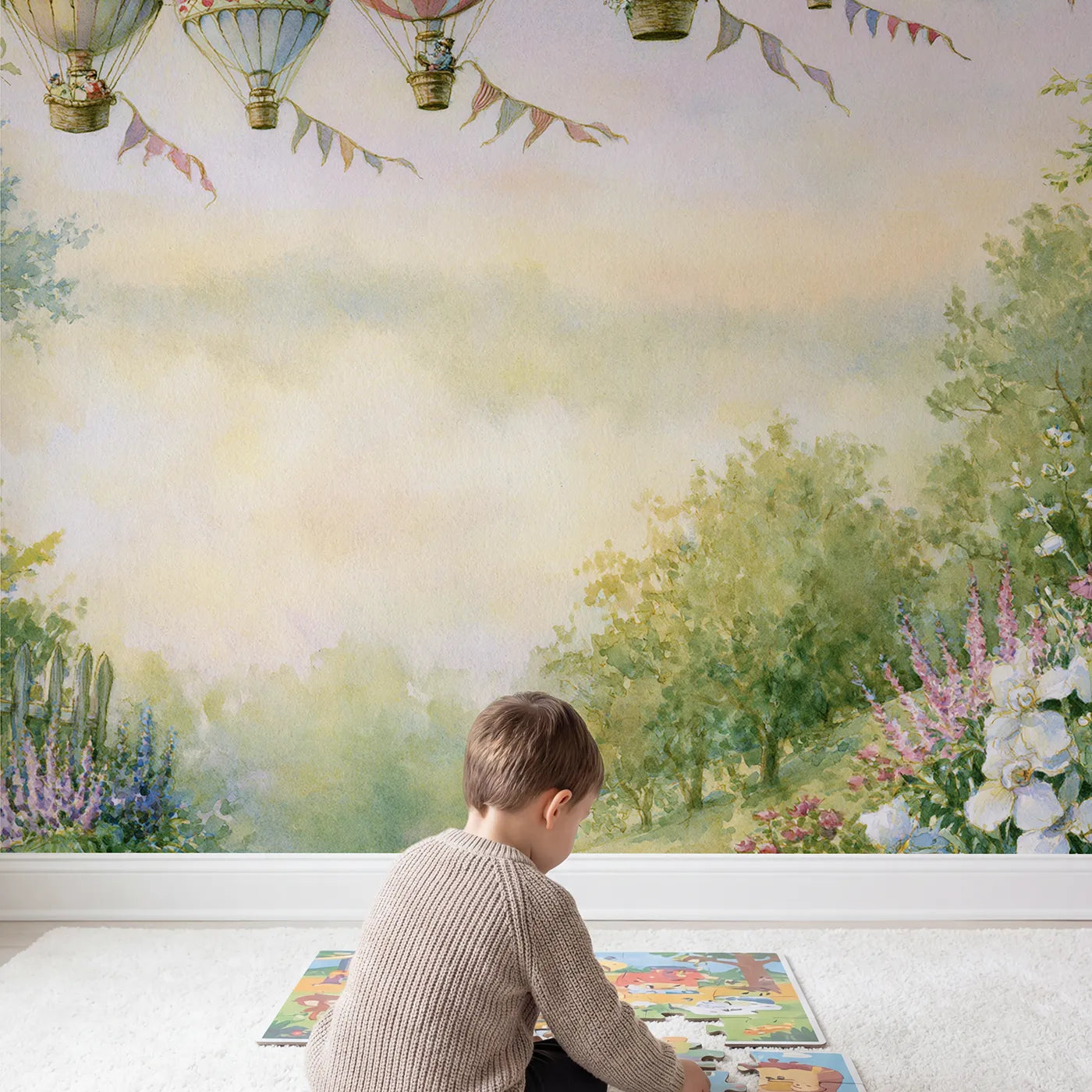 Child in nursery with Balloon Picnic Sky Wallpaper Mural by Whimsy Tots