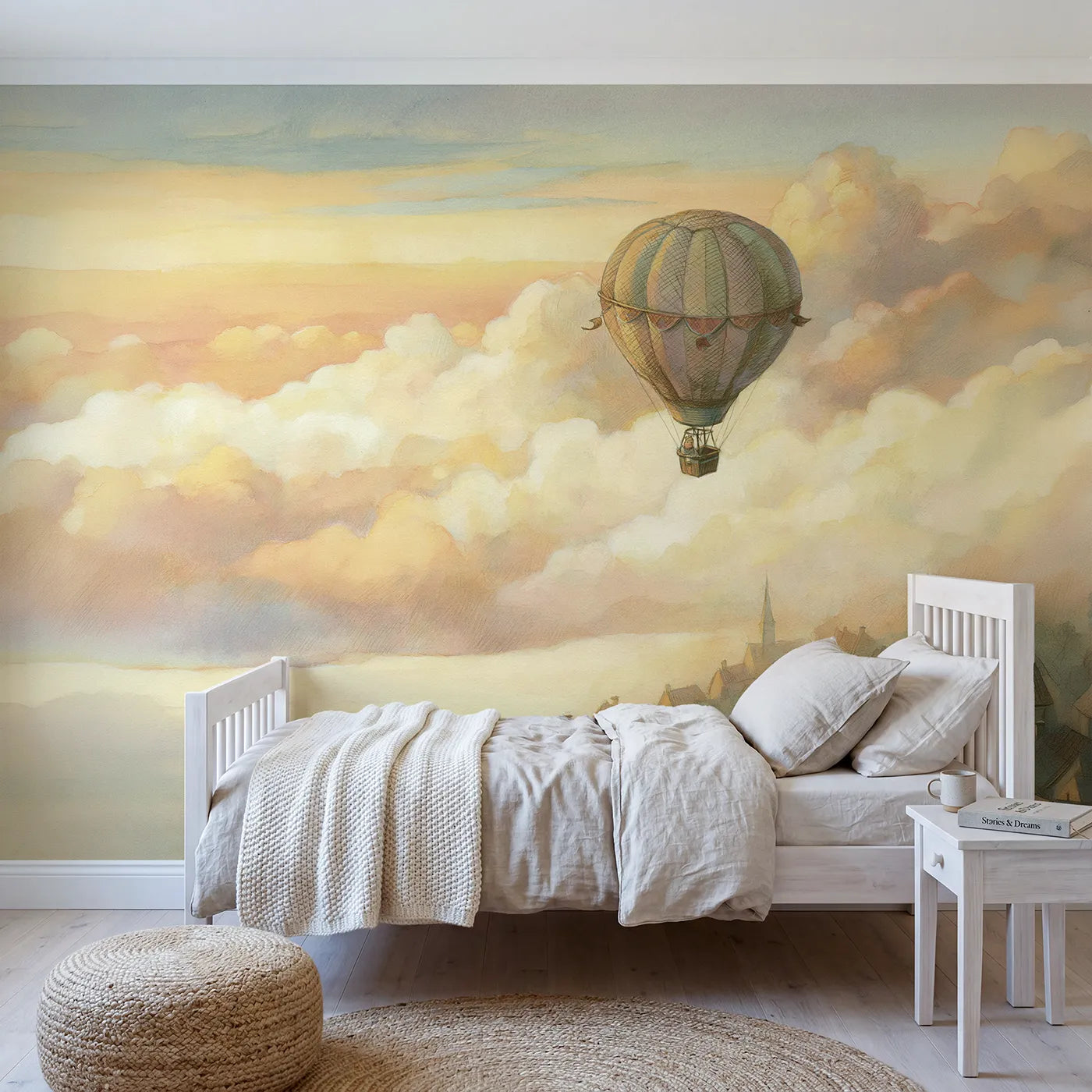 Storybook wall mural of a balloon over a tiny town by Whimsy Tots