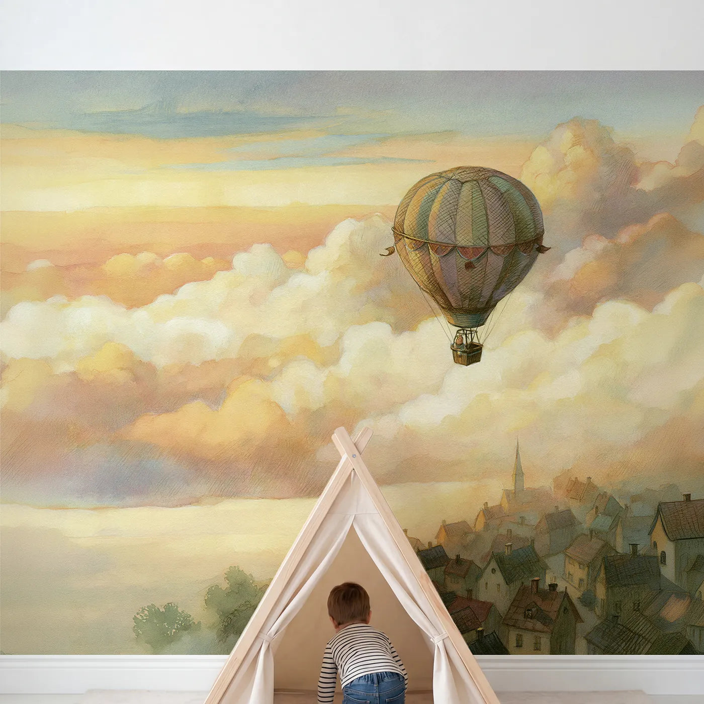 Child in nursery with Balloon Over Town Wallpaper Mural by Whimsy Tots