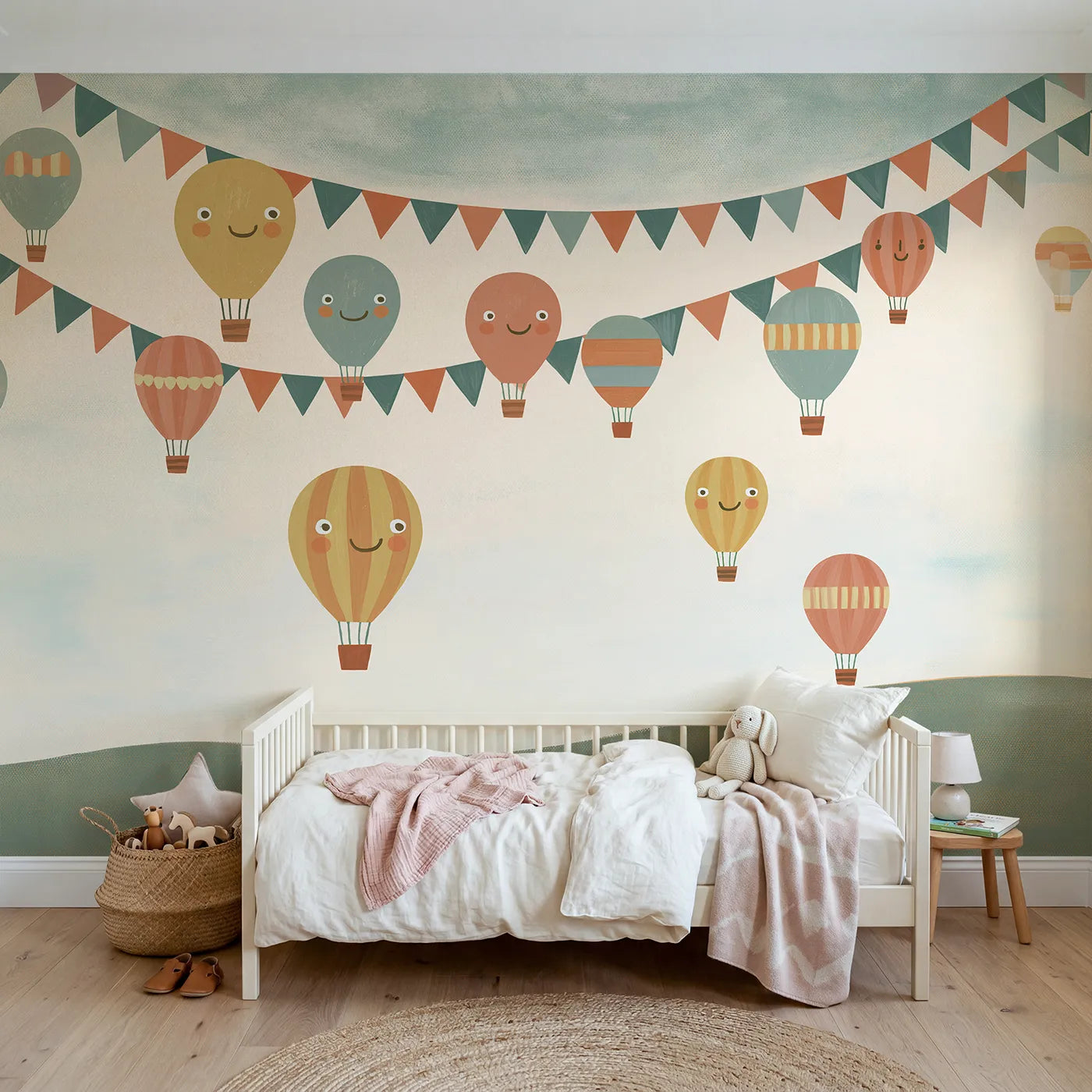 Gouache wall mural of folk balloons and bunting by Whimsy Tots