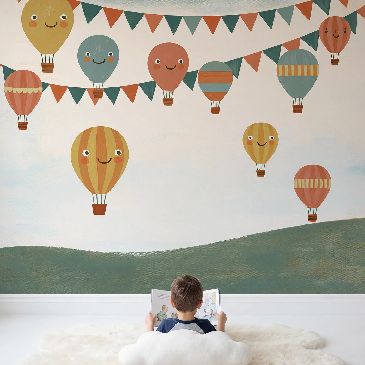 Child in nursery with Folk Balloon Banner Wallpaper Mural by Whimsy Tots