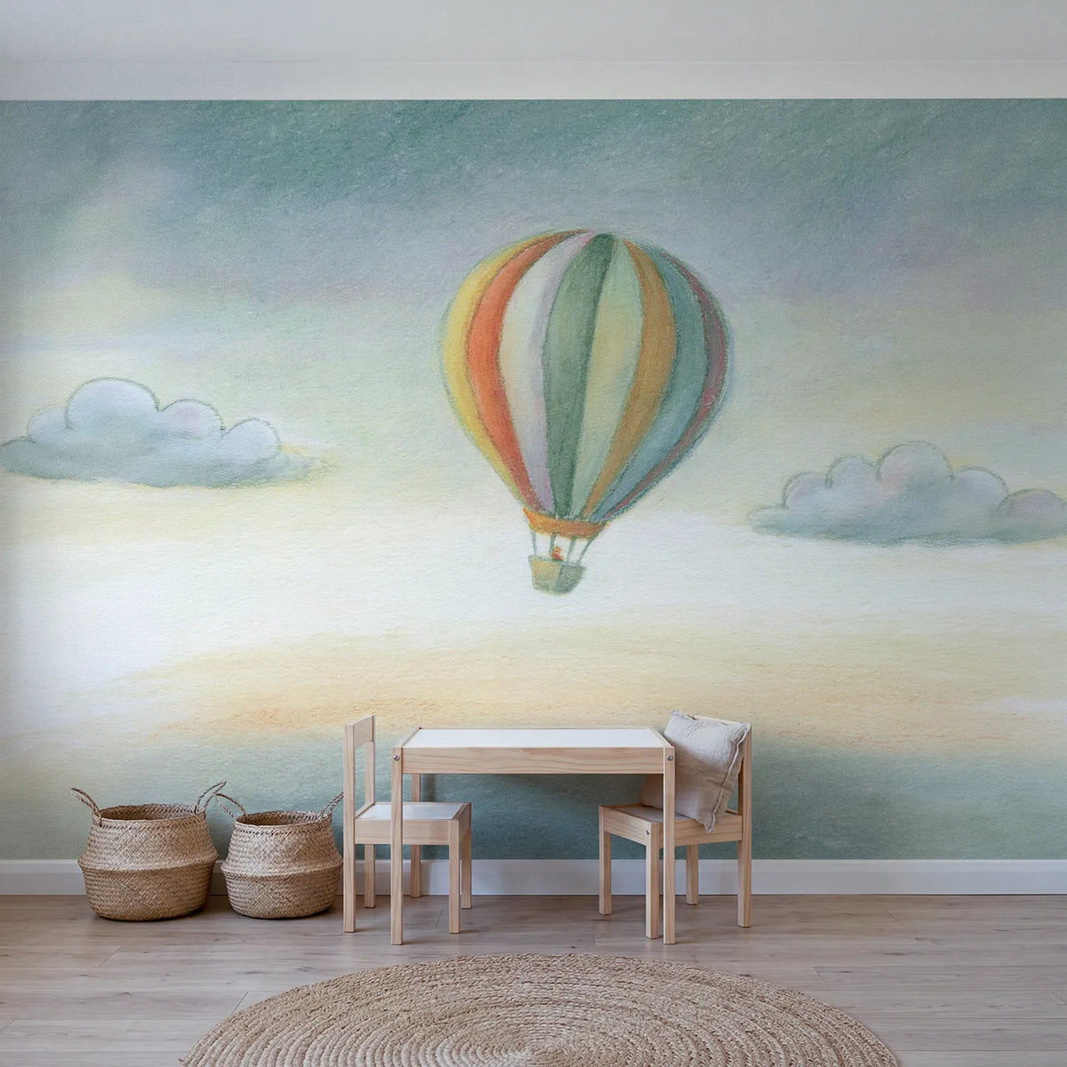 Colored-pencil wall mural of a soft chalk balloon by Whimsy Tots