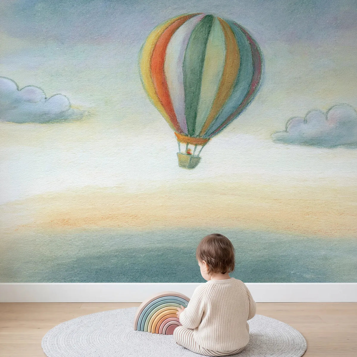 Child in nursery with Pencil Balloon Sky Wallpaper Mural by Whimsy Tots