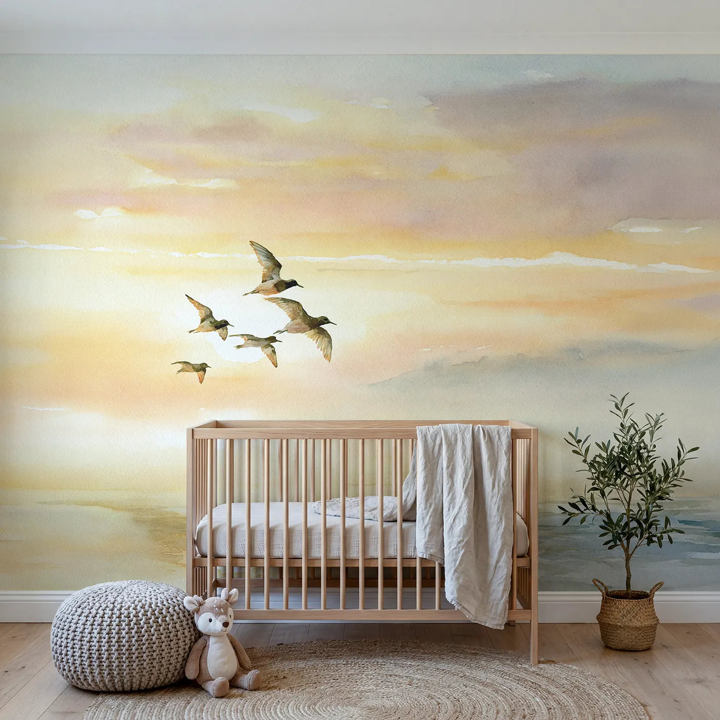 Watercolor wall mural of gentle little birds gliding by Whimsy Tots